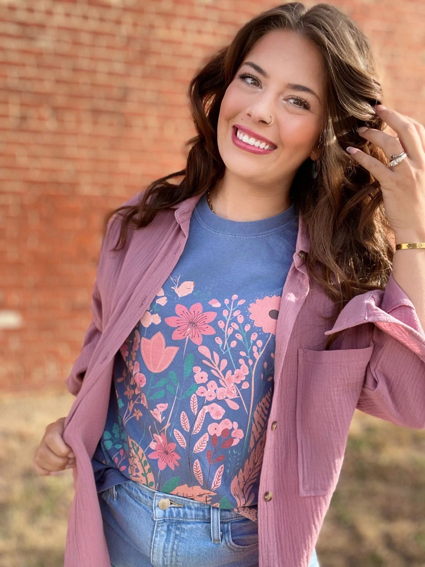 Graphic Tees Water Color Flowers Tee- Denim Blue