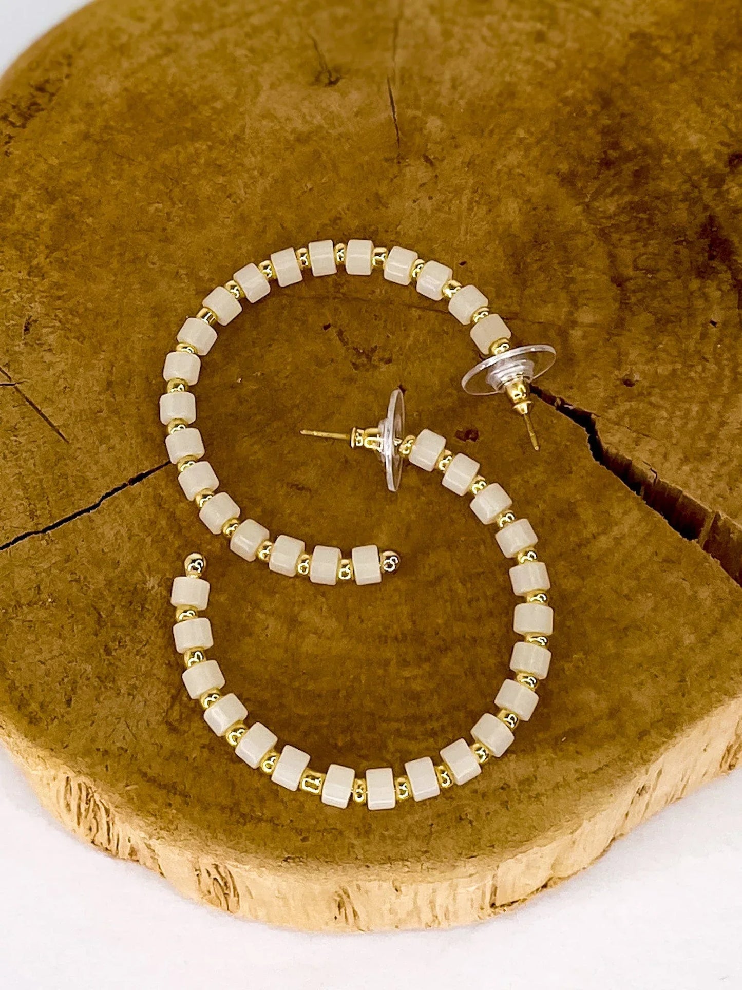 Earrings White and Gold Beaded Hoop Earrings