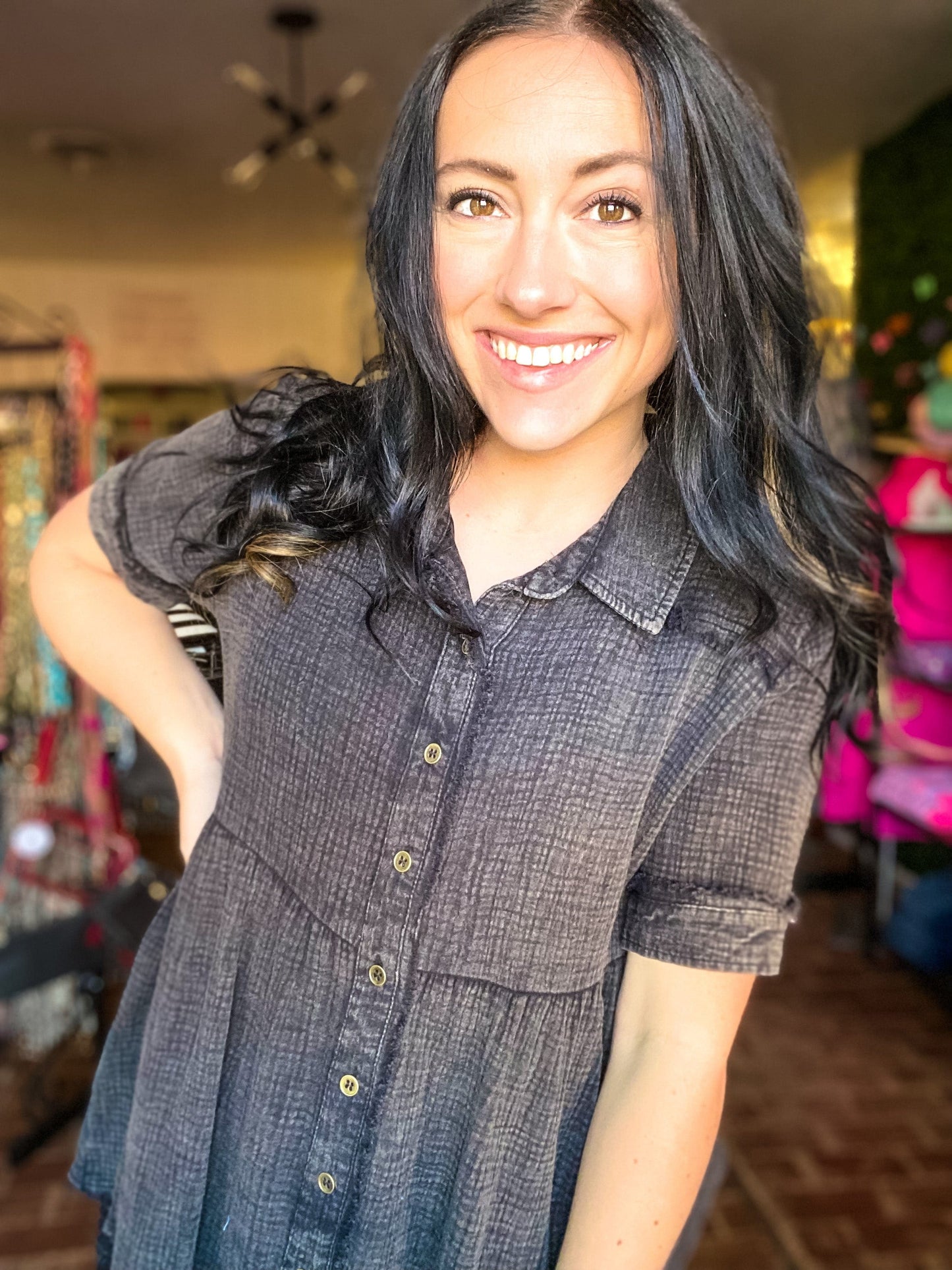 Tops Gauze Babydoll Button Down Top-Acid Black