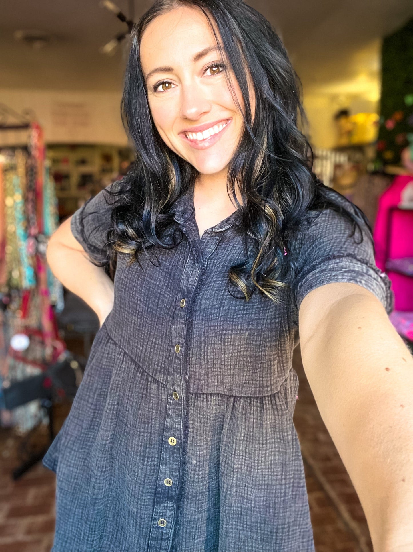 Tops Gauze Babydoll Button Down Top-Acid Black