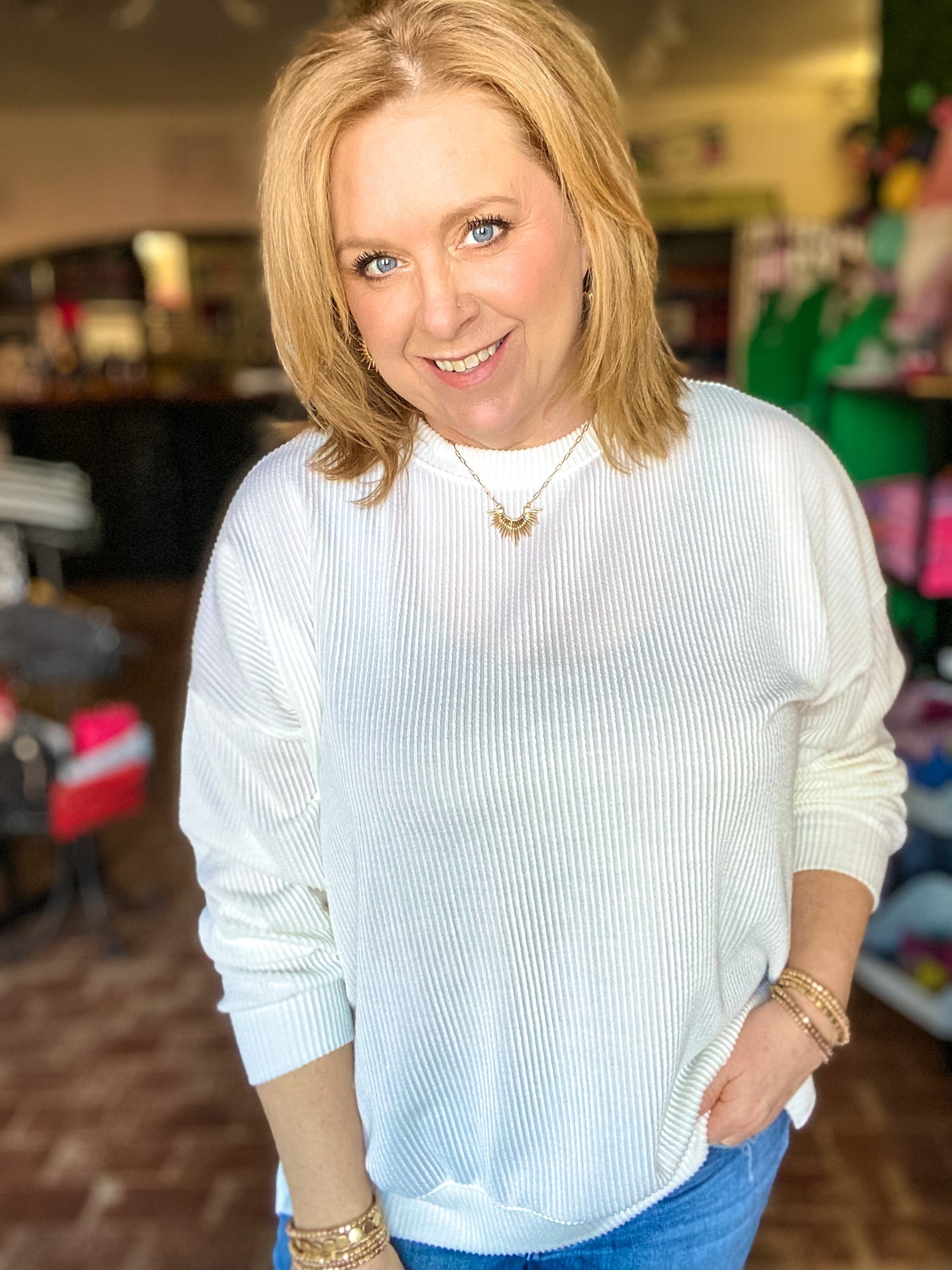 sweatshirt Ribbed Pullover- White