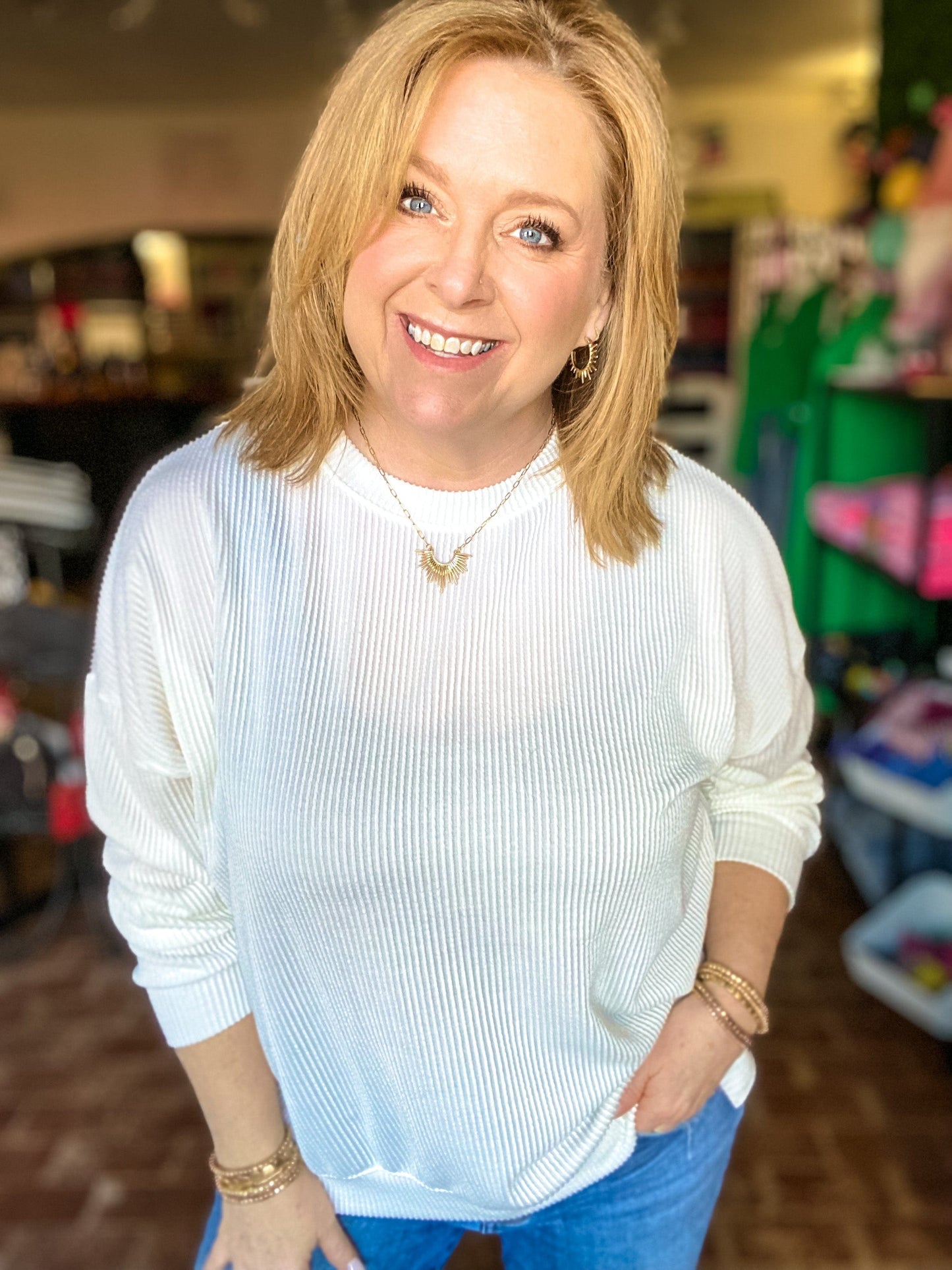 sweatshirt Ribbed Pullover- White