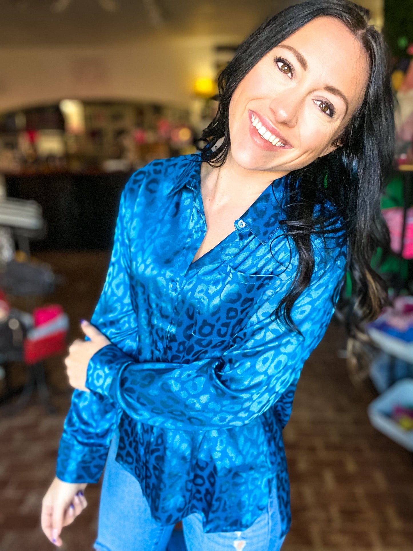 Tops Teal Satin Leopard Blouse