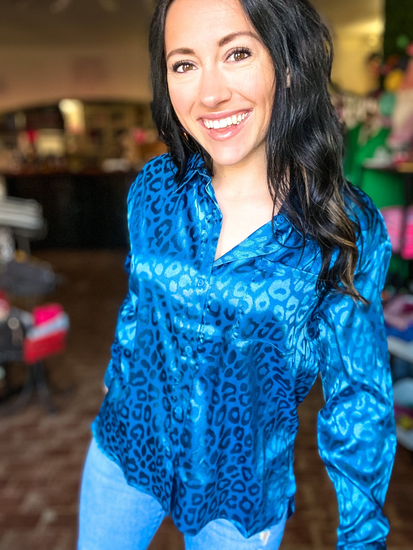 Tops Teal Satin Leopard Blouse
