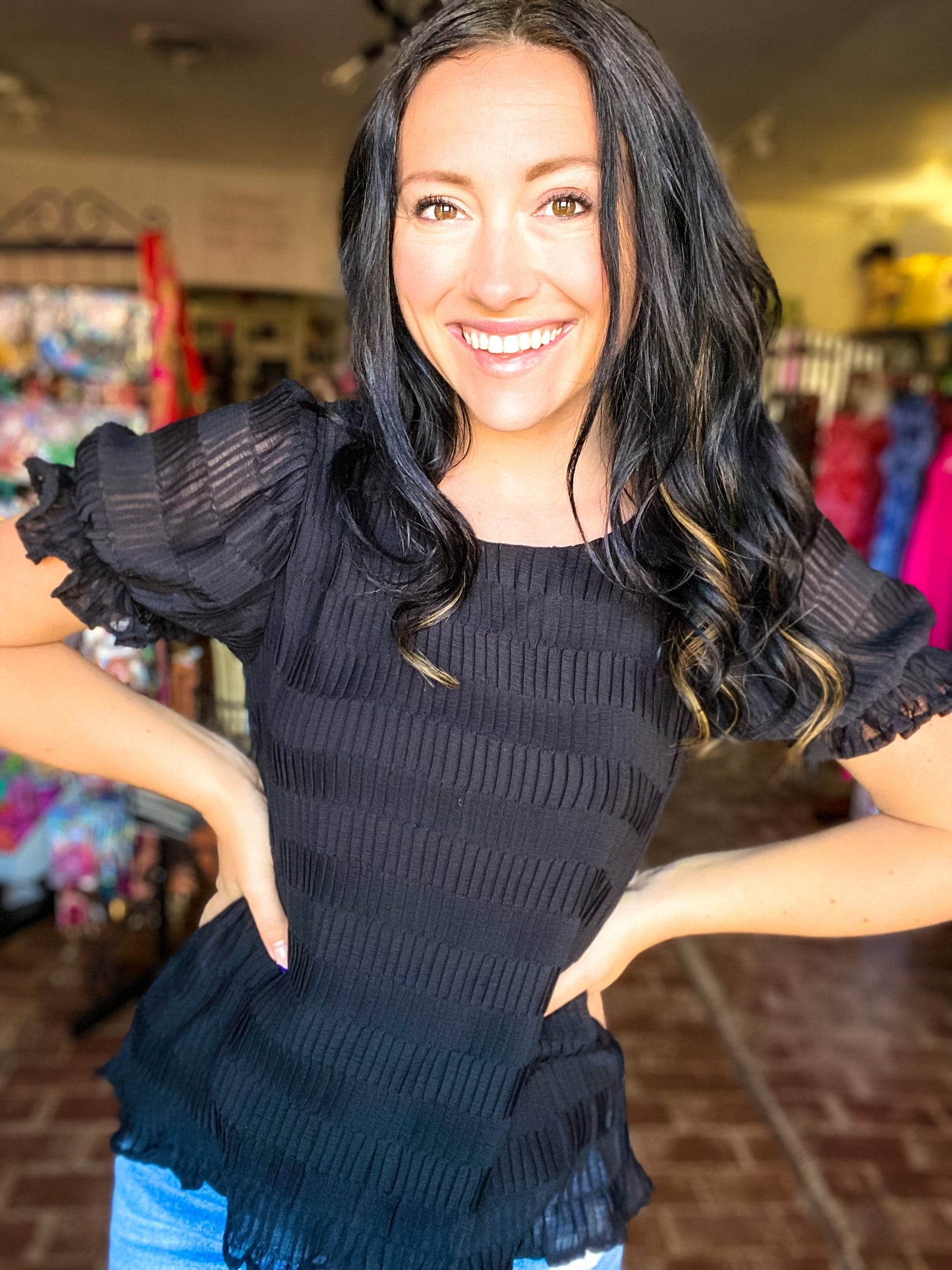 Tops Textured Puff Sleeve Top Black