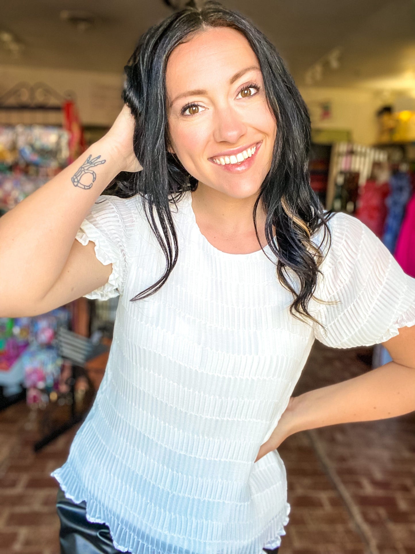 Tops Textured Puff Sleeve Top White