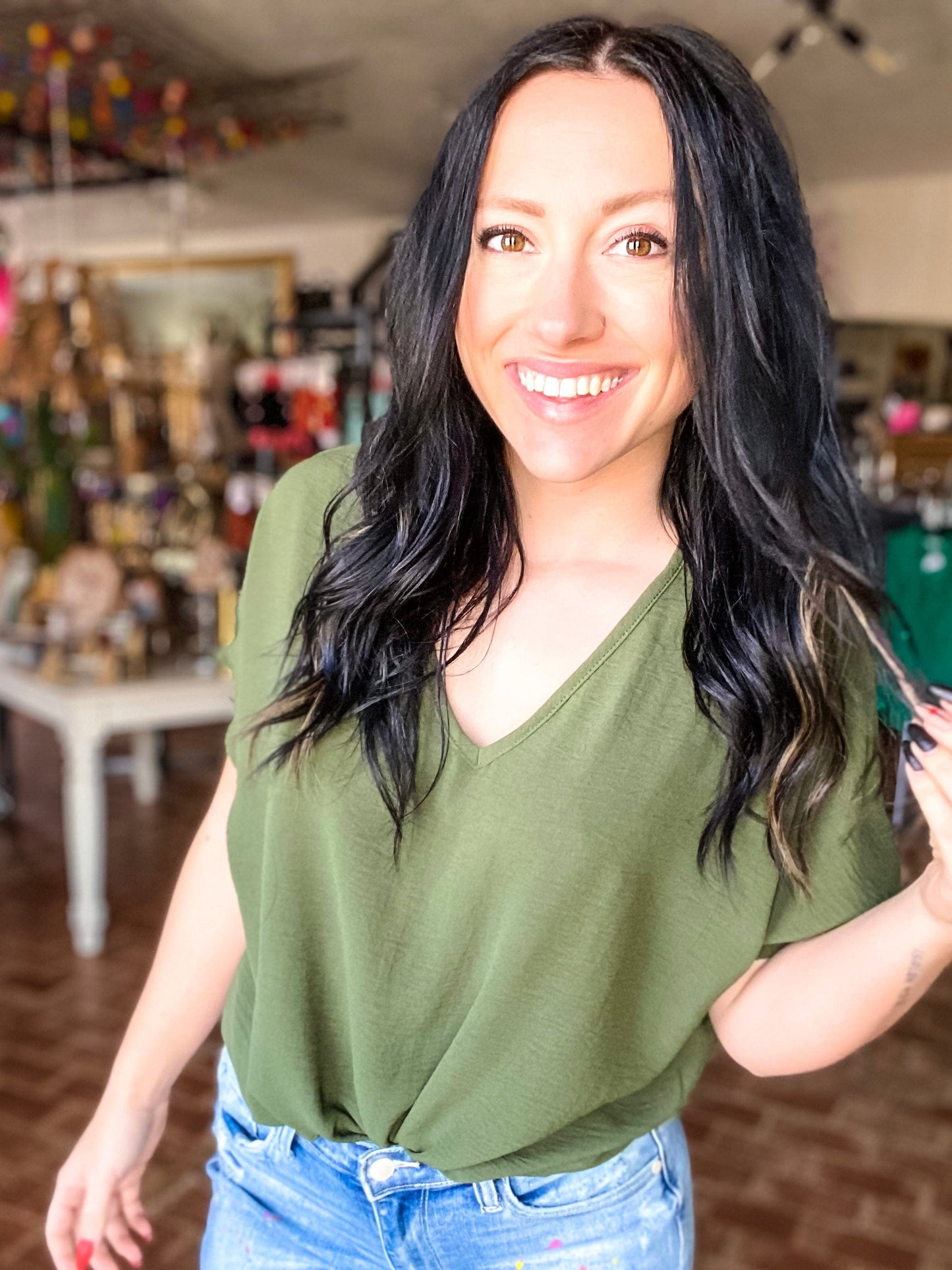 Shirts & Tops Vera V-neck Top-Olive