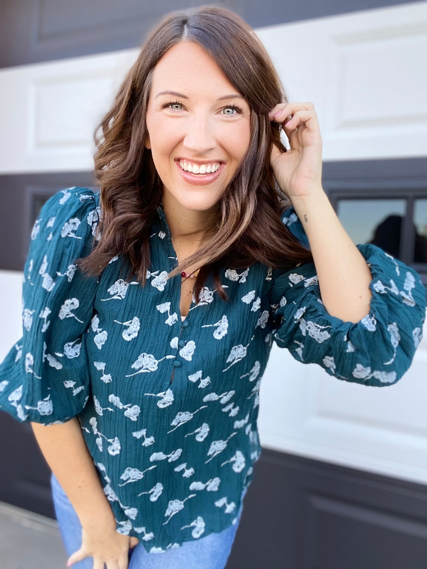 Glitter Floral Blouse- Teal