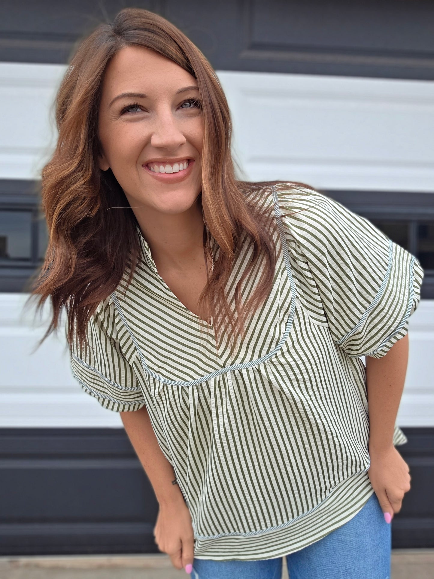 Shayda Stripe Blouse- Olive