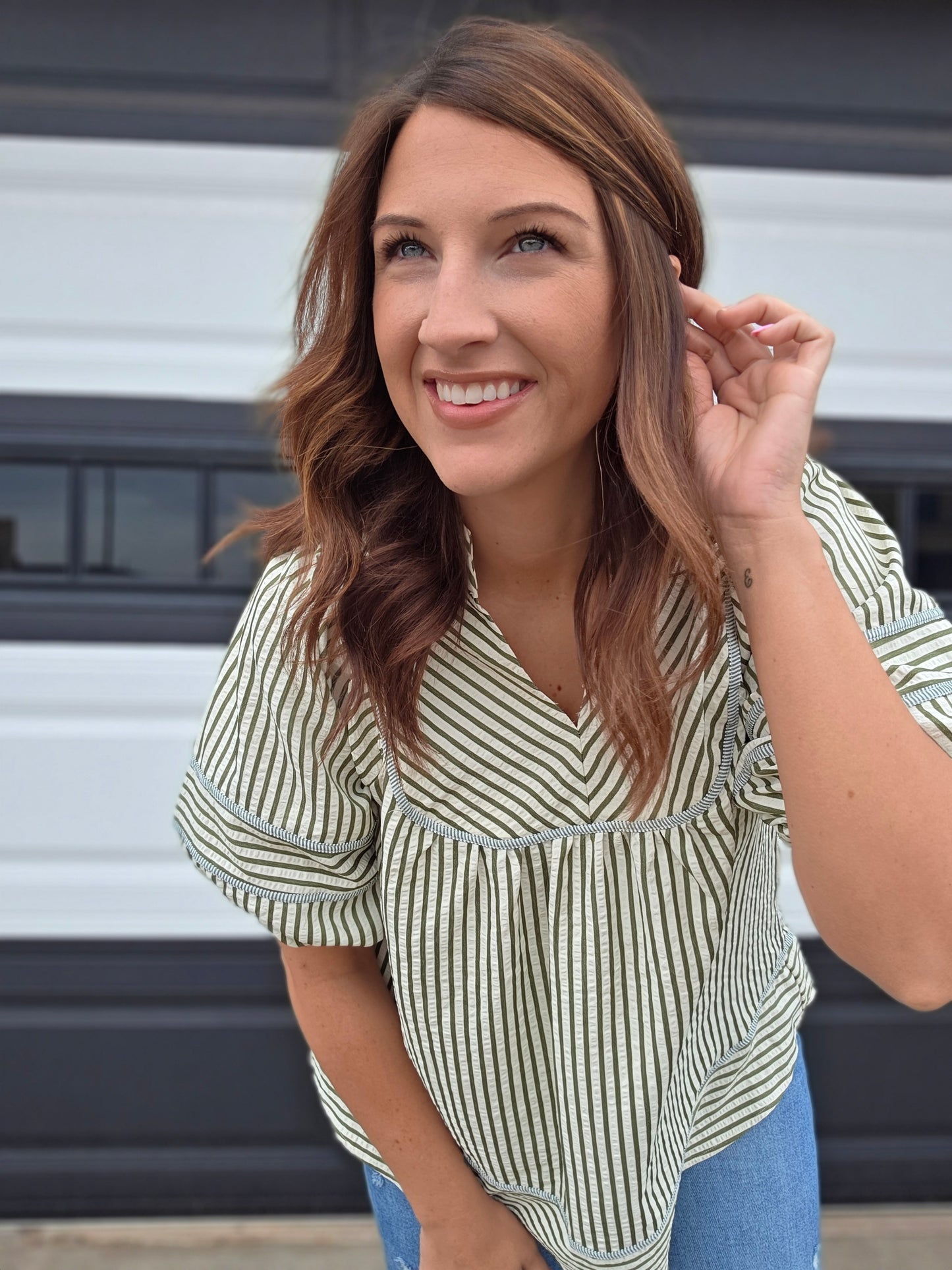 Shayda Stripe Blouse- Olive