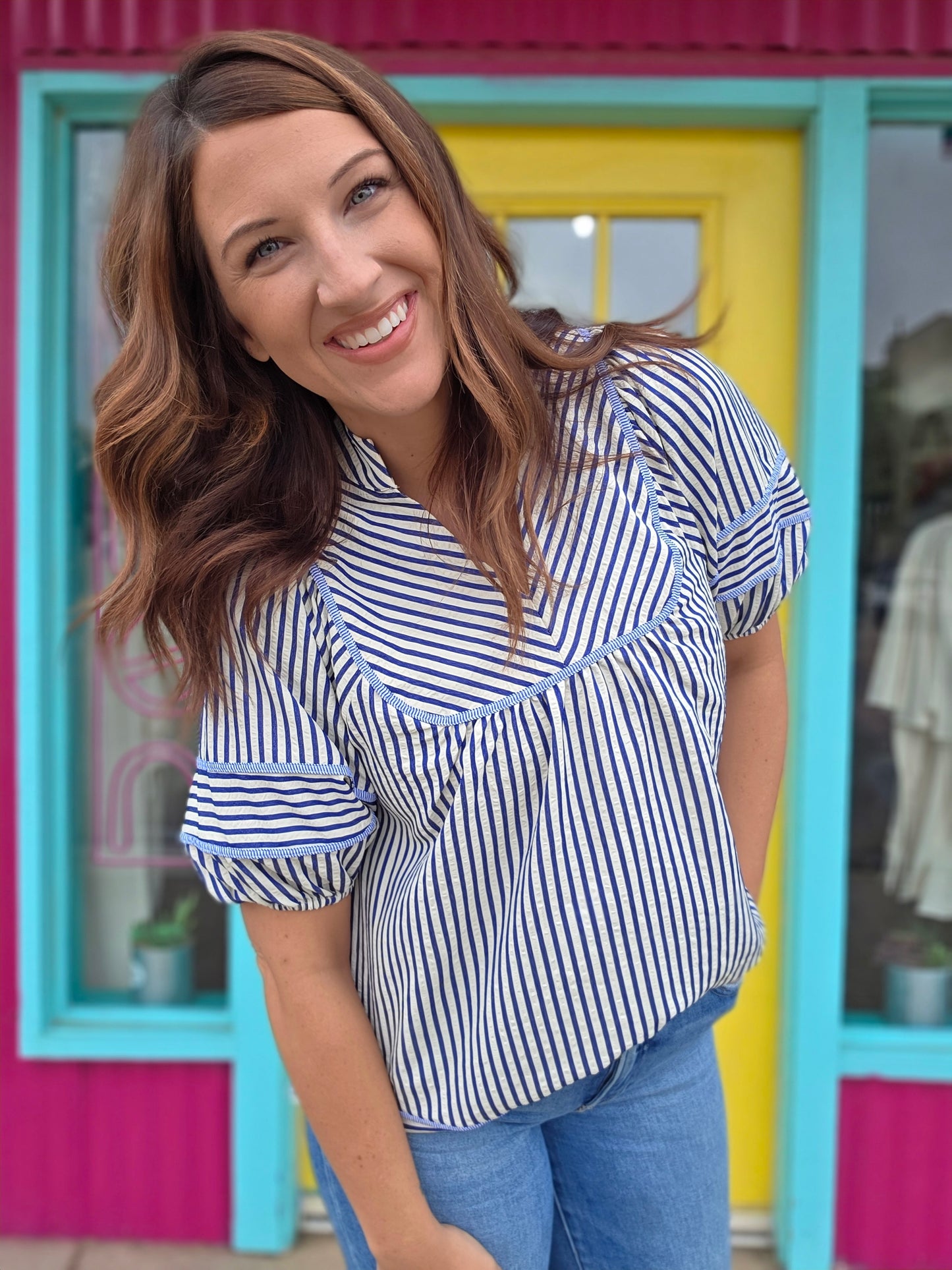 Shayda Stripe Blouse- Blue