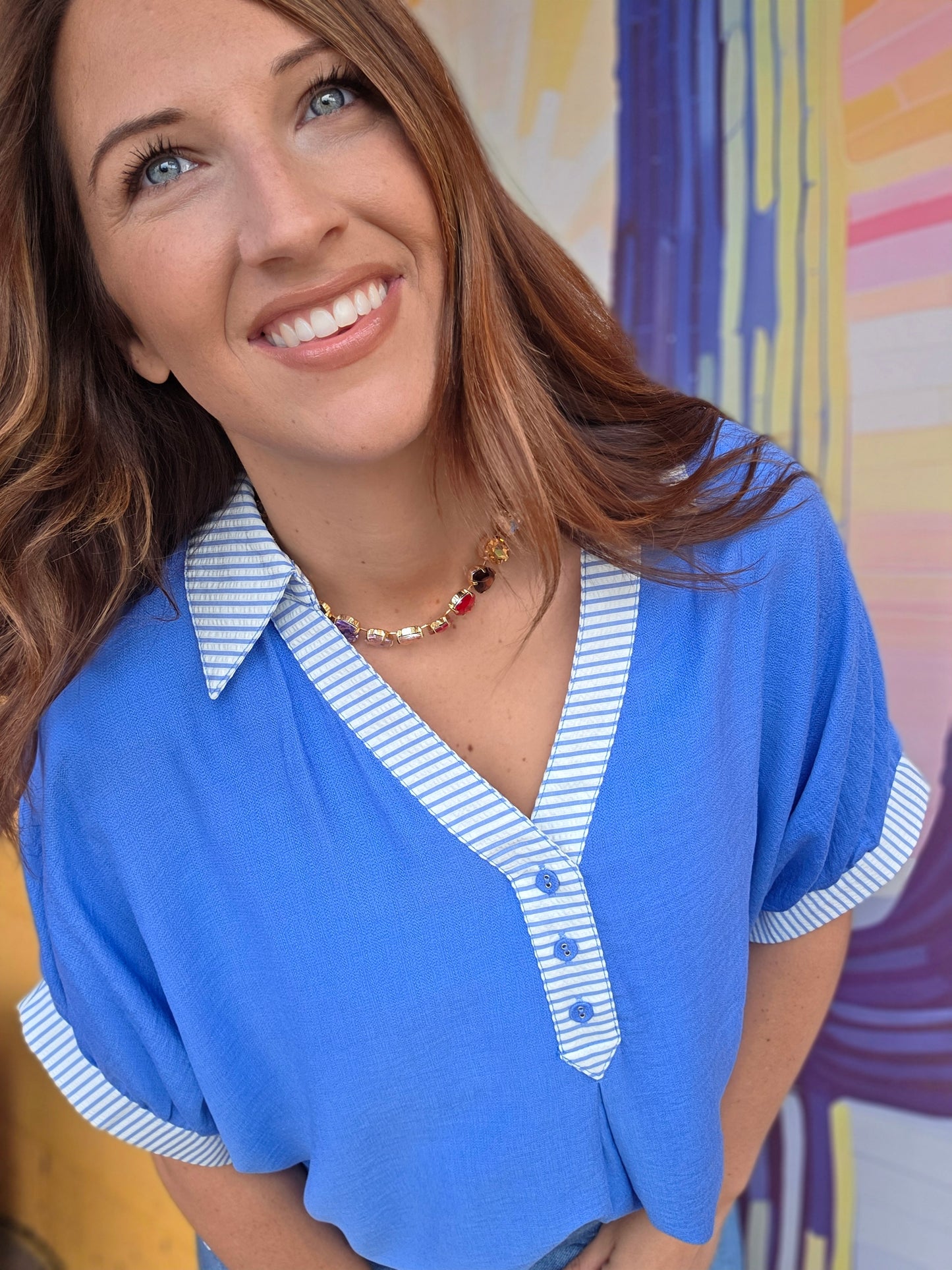 Kyra Stripe Accent Top- Blue
