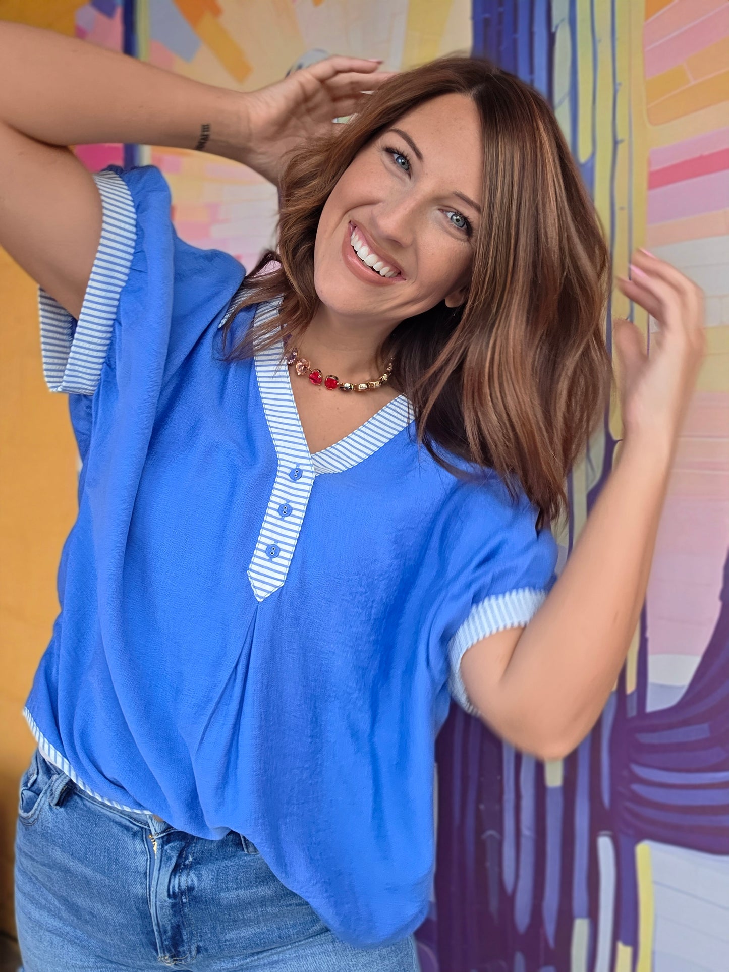 Kyra Stripe Accent Top- Blue