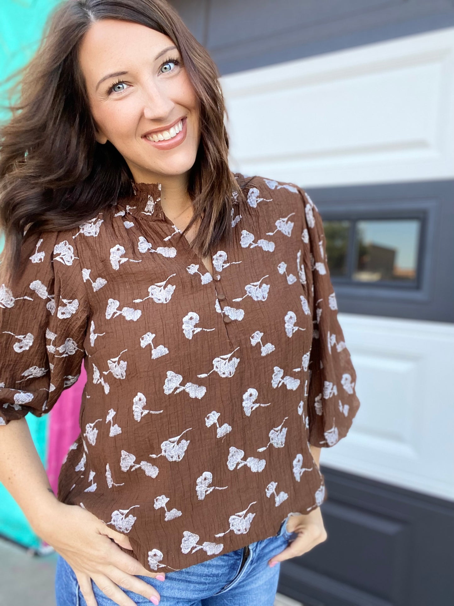 Glitter Floral Blouse- Brown