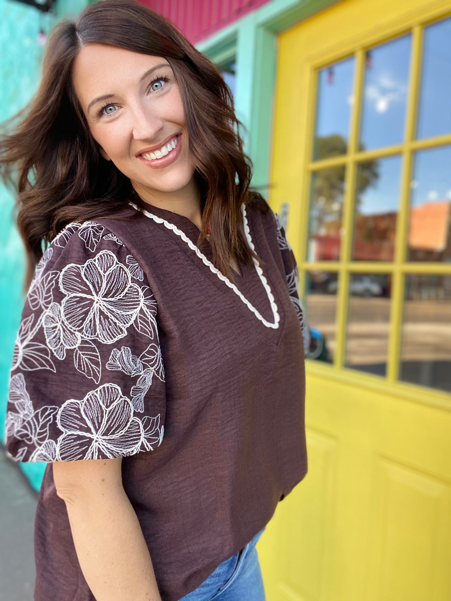 Brown Floral Puff Sleeve Top