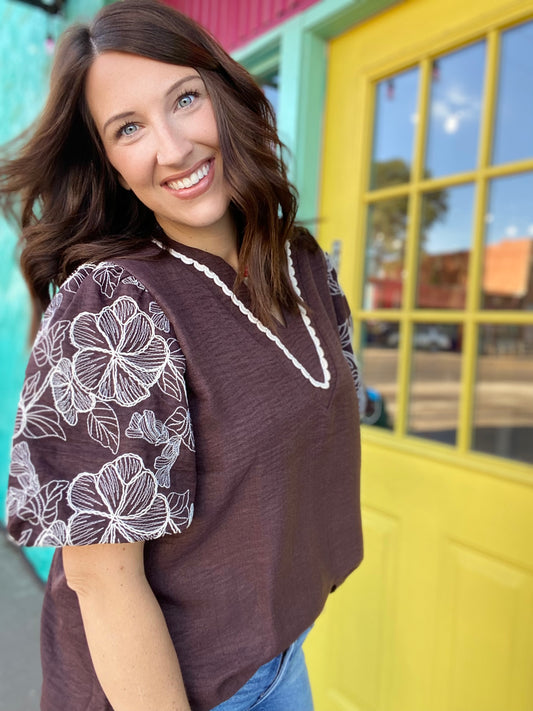 Brown Floral Puff Sleeve Top
