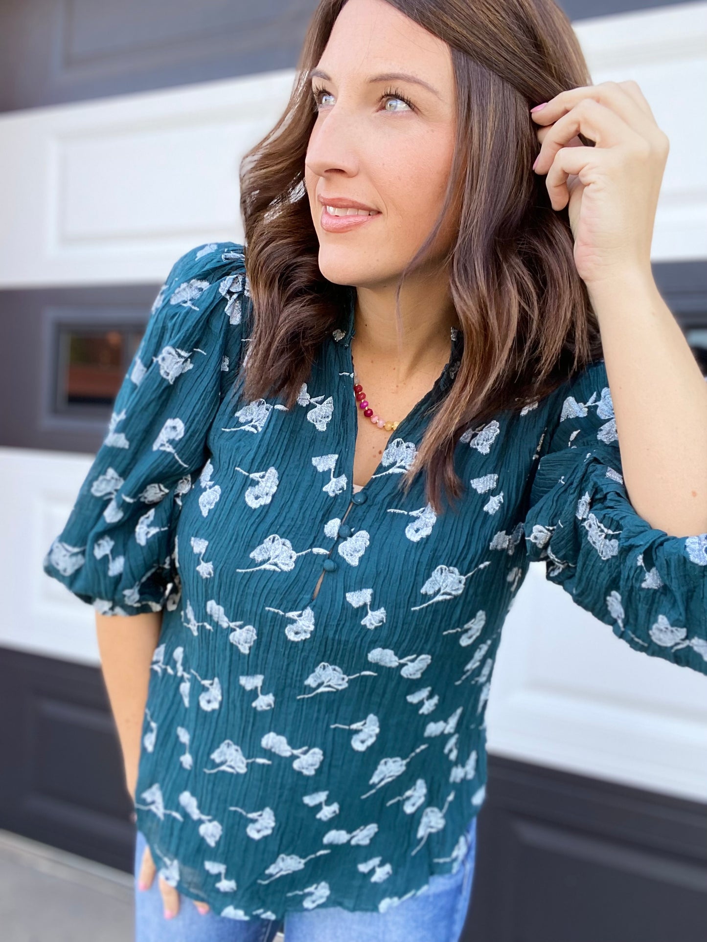 Glitter Floral Blouse- Teal