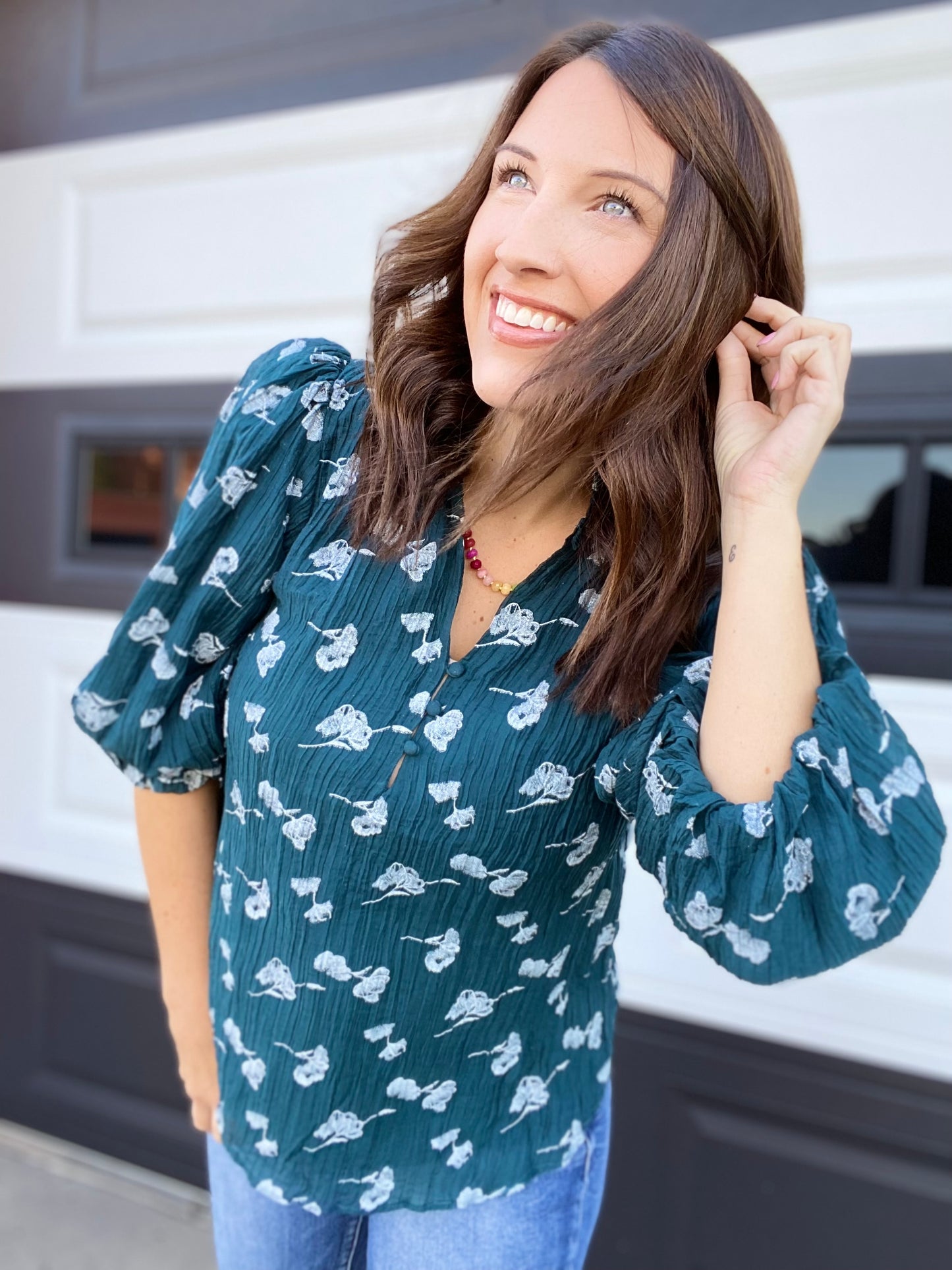 Glitter Floral Blouse- Teal