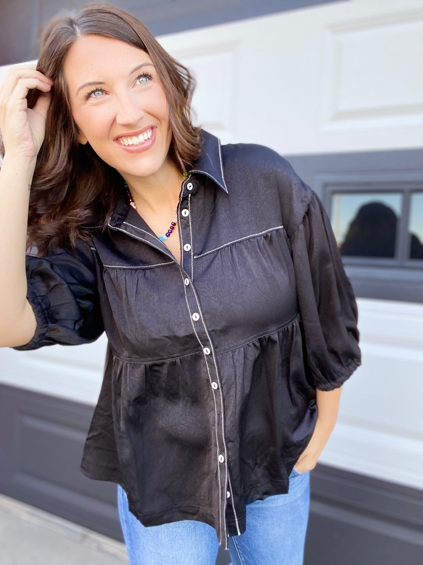 Clarissa Button Front Peplum Top- Black