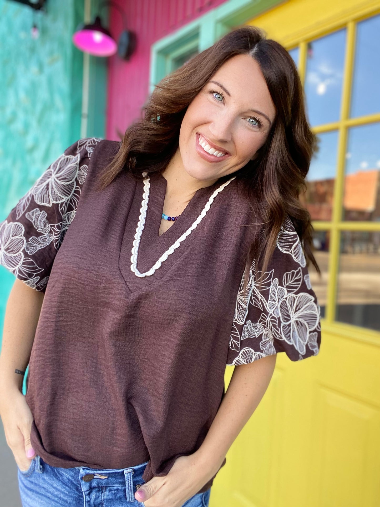 Brown Floral Puff Sleeve Top