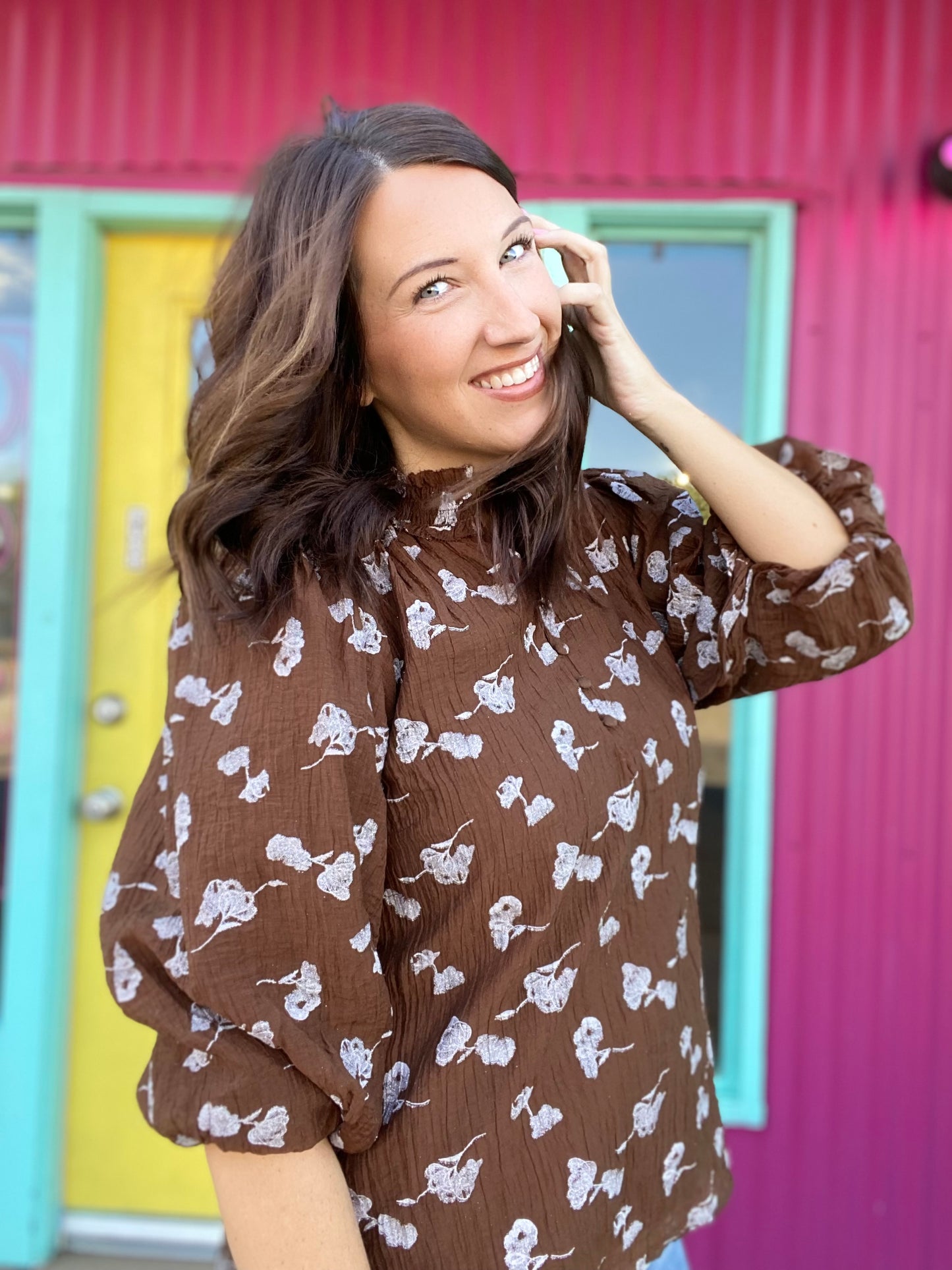 Glitter Floral Blouse- Brown
