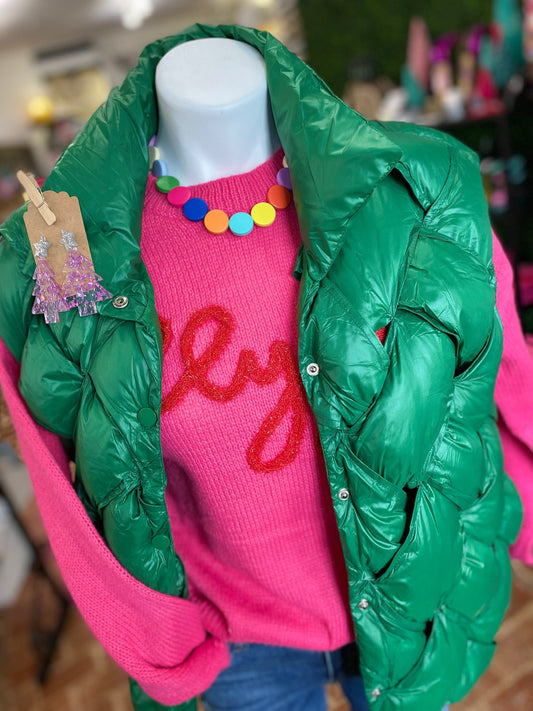 Outerwear Basket Weave Puffer Vest-Green