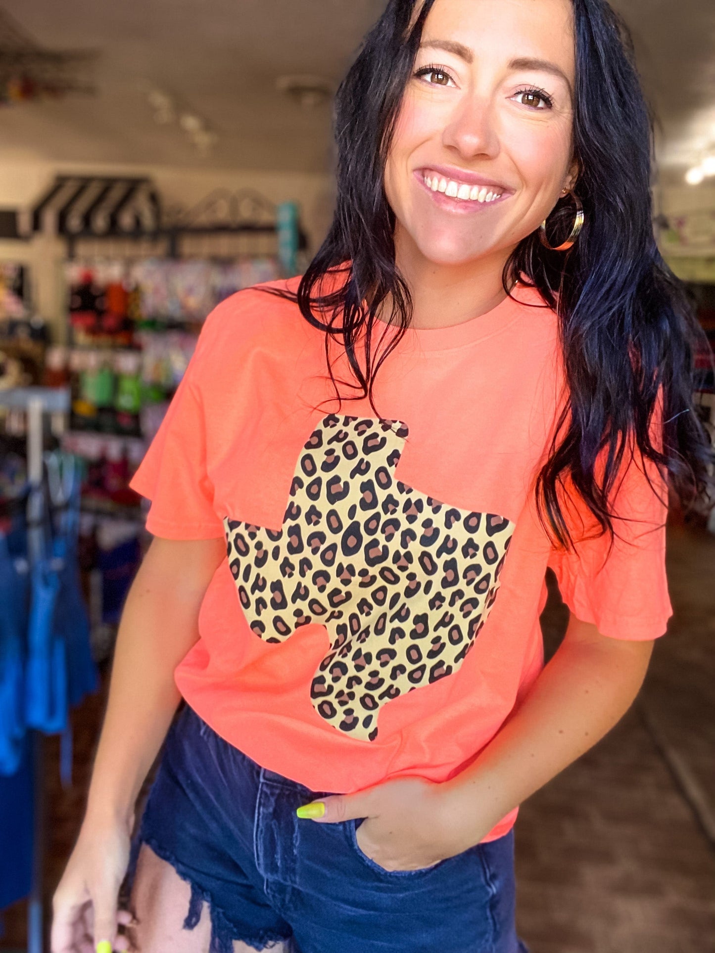 Graphic Tees Bright Coral Leopard Texas Tee