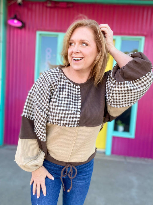 Tops Brown Houndstooth Color Block Sweater