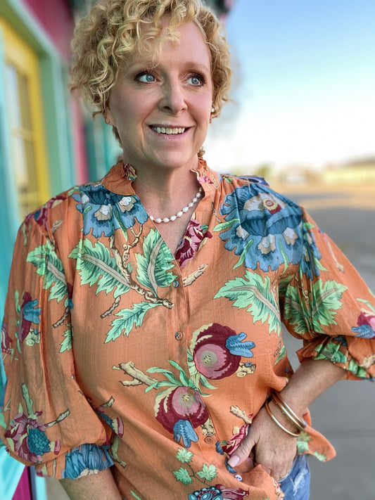 Tops Cady Floral Balloon Sleeve Top- Coral