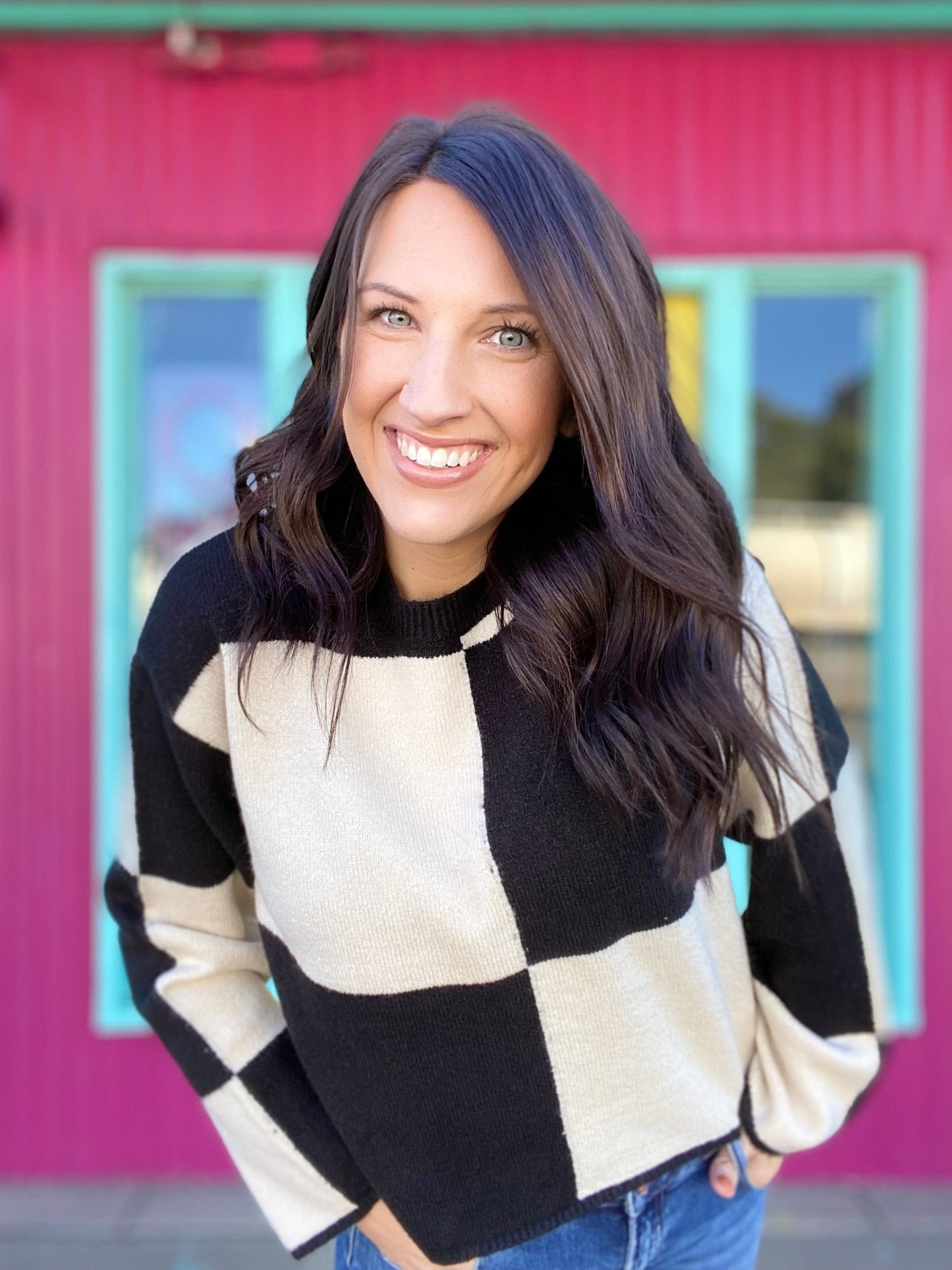 Shirts & Tops Checked Sweater- Cream and Black