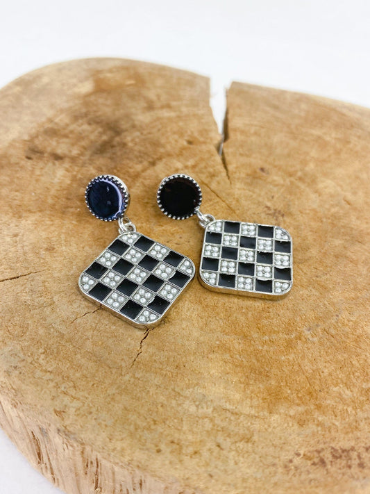 Earrings Checker Square- Silver