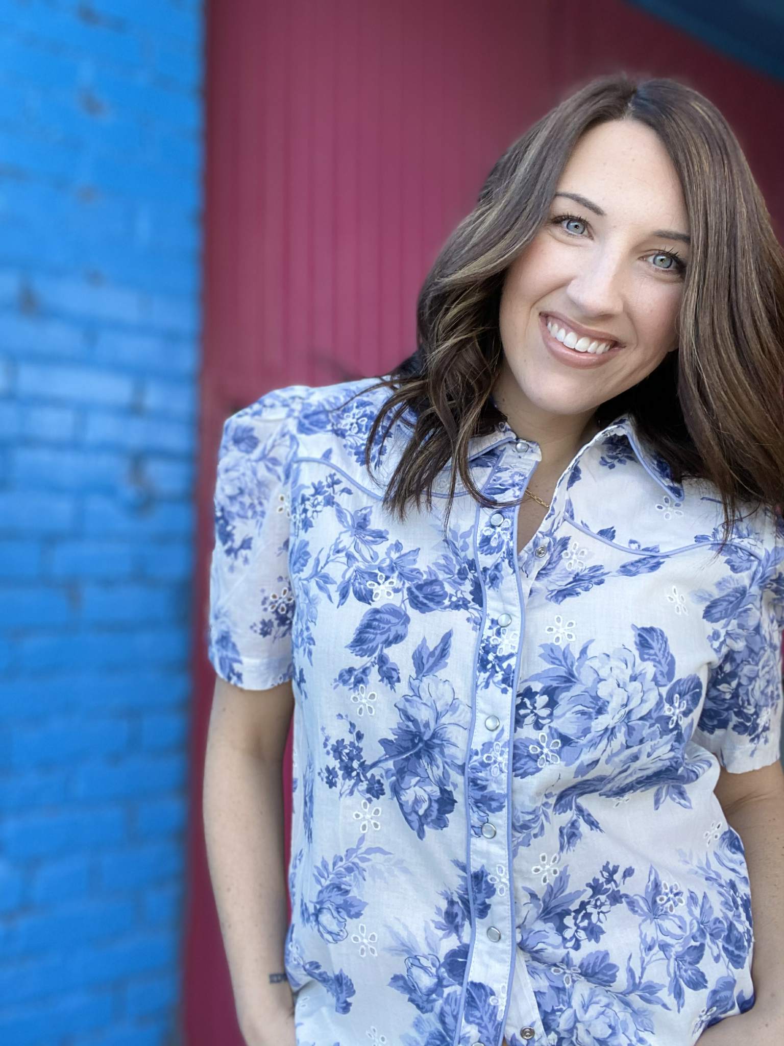 Tops China Blue Pearl Snap Blouse