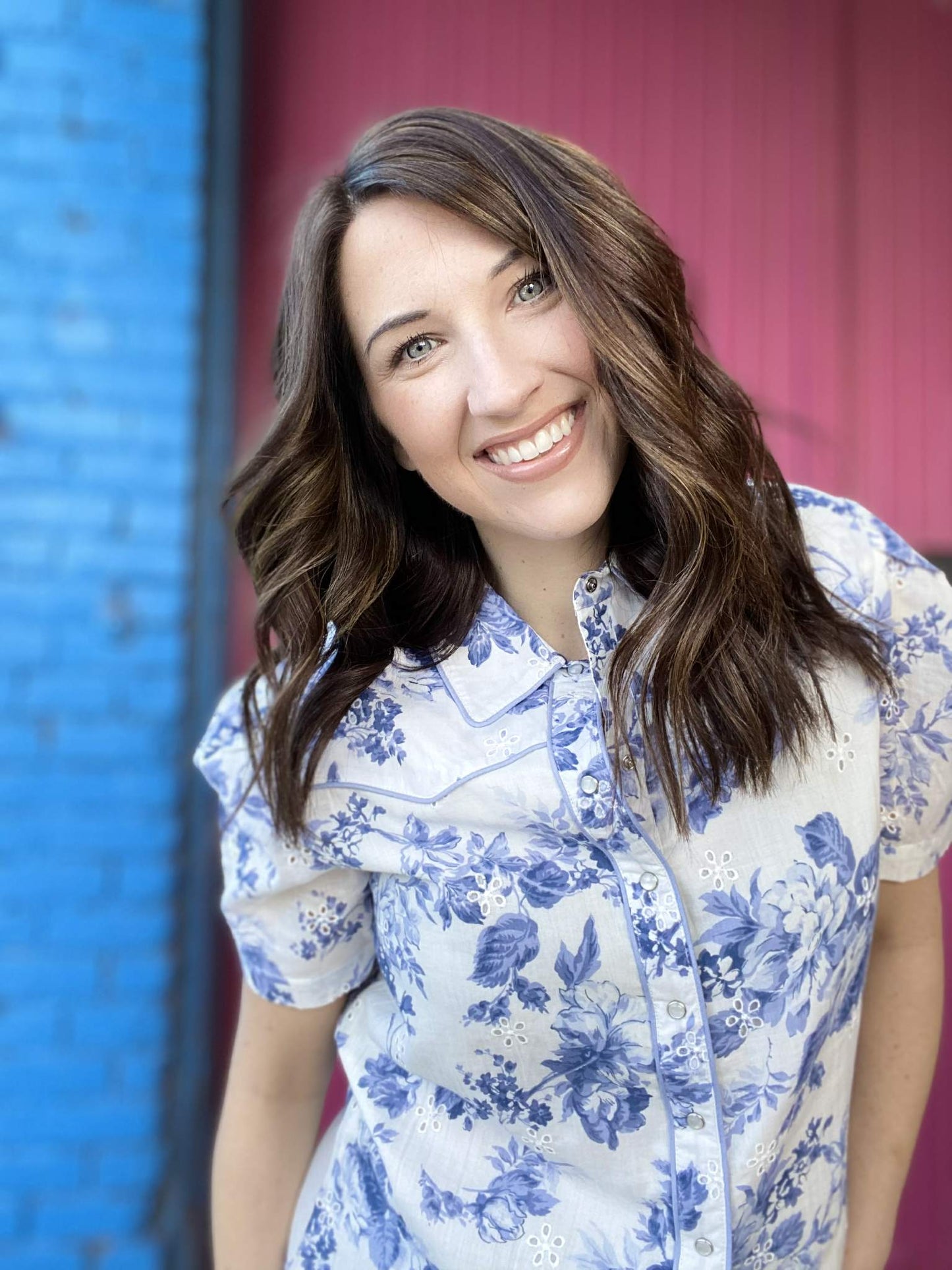 Tops China Blue Pearl Snap Blouse