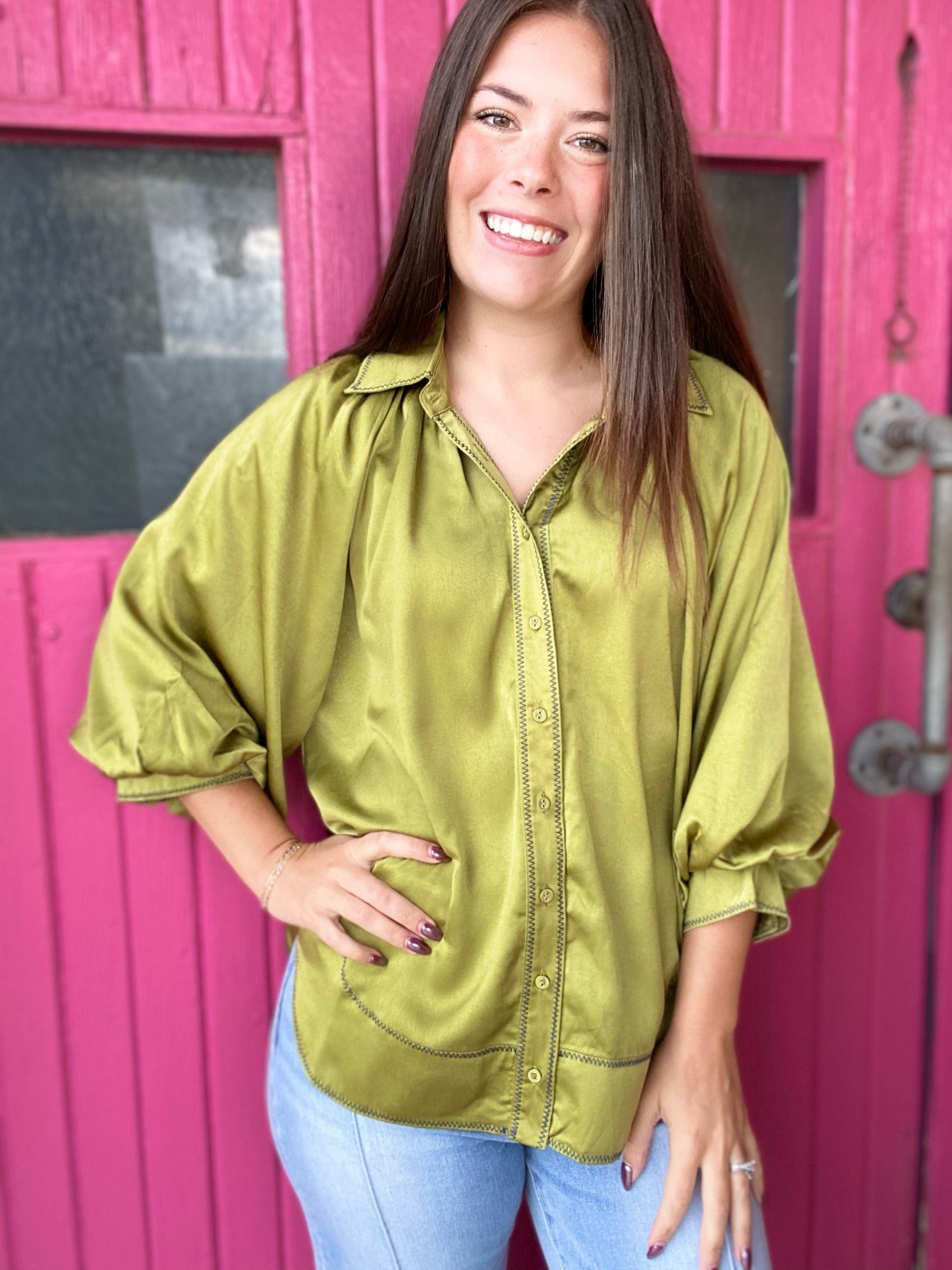 Tops Clarke Button Front Blouse- Apple