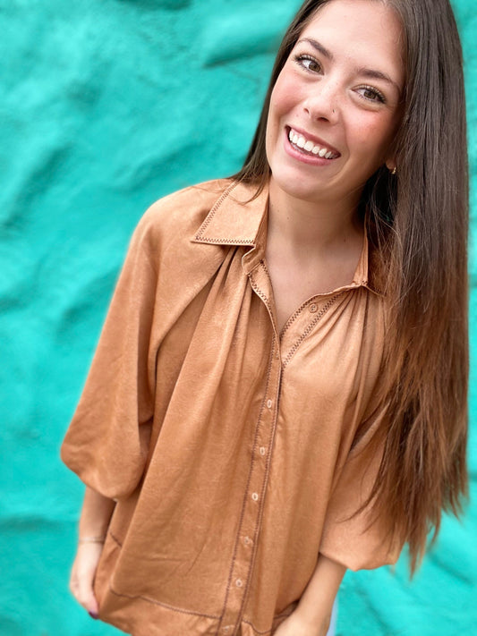 Tops Clarke Button Front Blouse- Camel