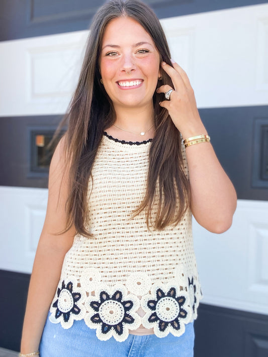 sweater Cream Floral Crochet Sweater Vest