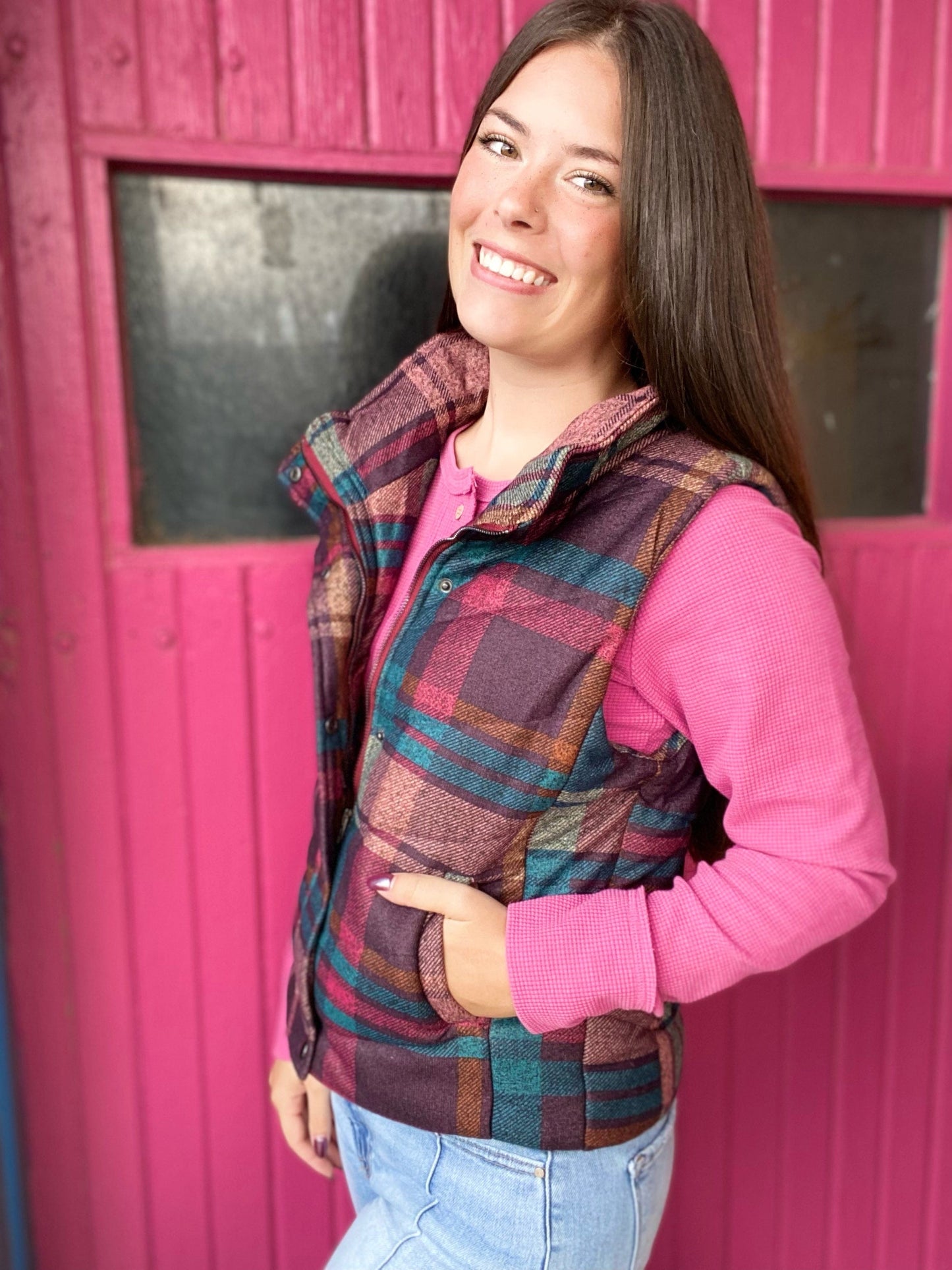 Outerwear Daevi Plaid Puff Vest- Blue