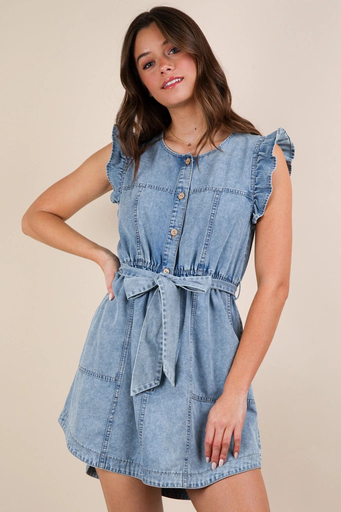 denim ruffle mini dress Denim Ruffle Mini Dress