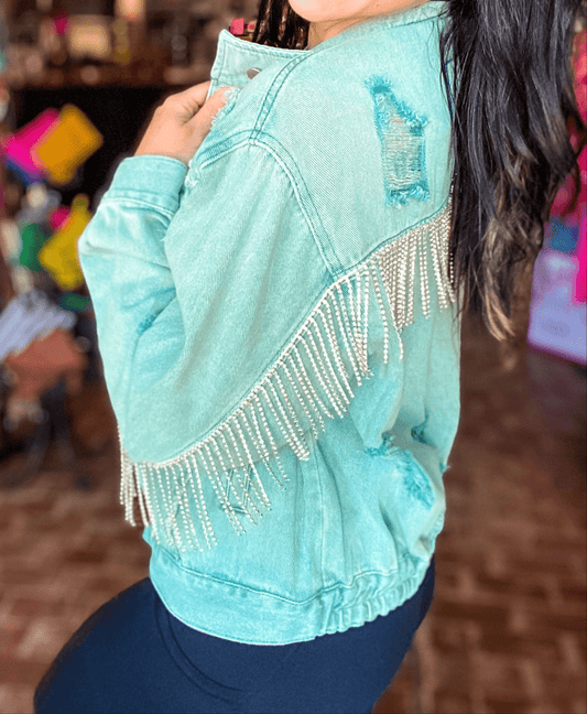 Outerwear Distressed Rhinestone Fringe Jacket Vintage Green