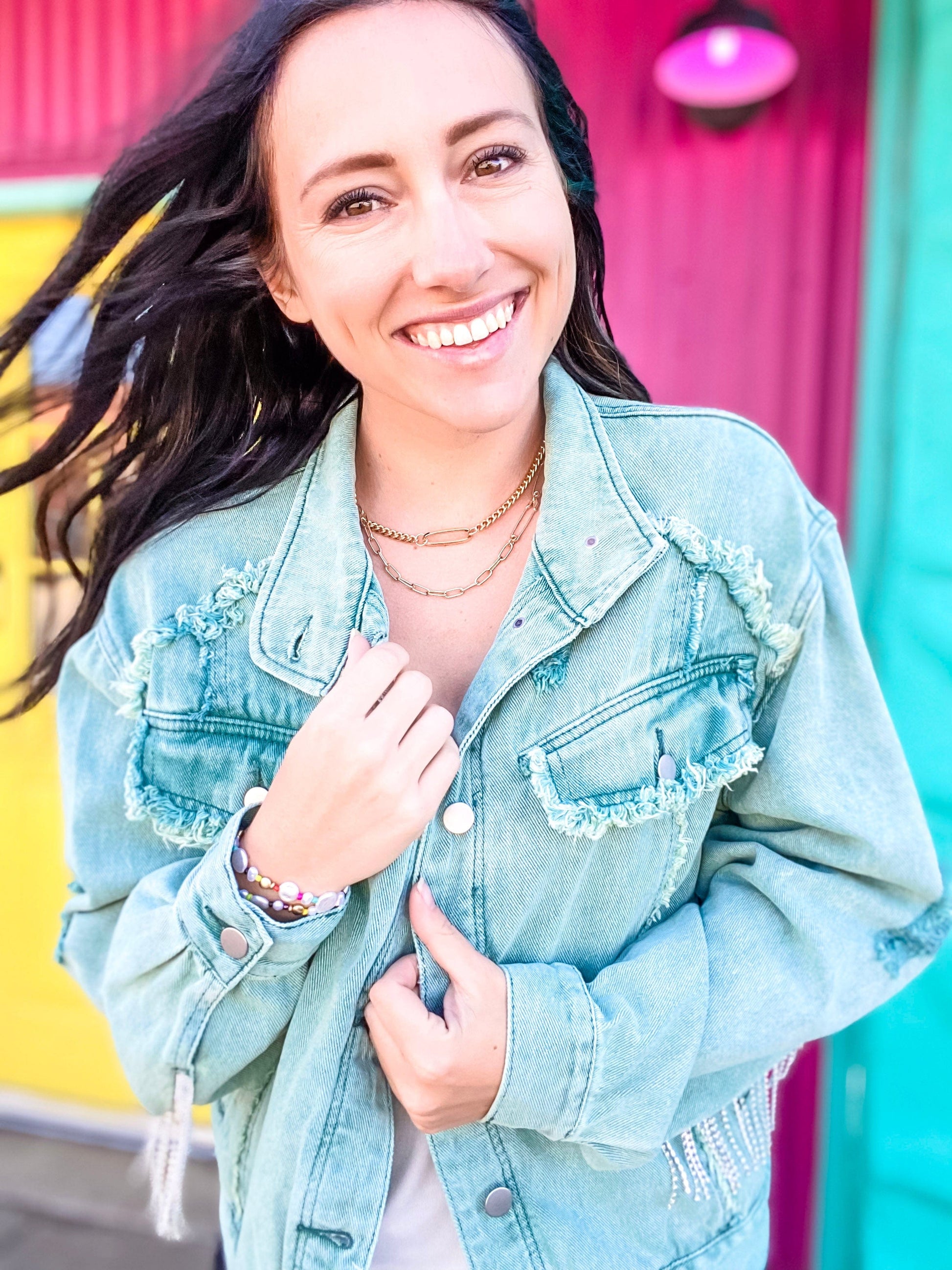 Outerwear Distressed Rhinestone Fringe Jacket Vintage Green