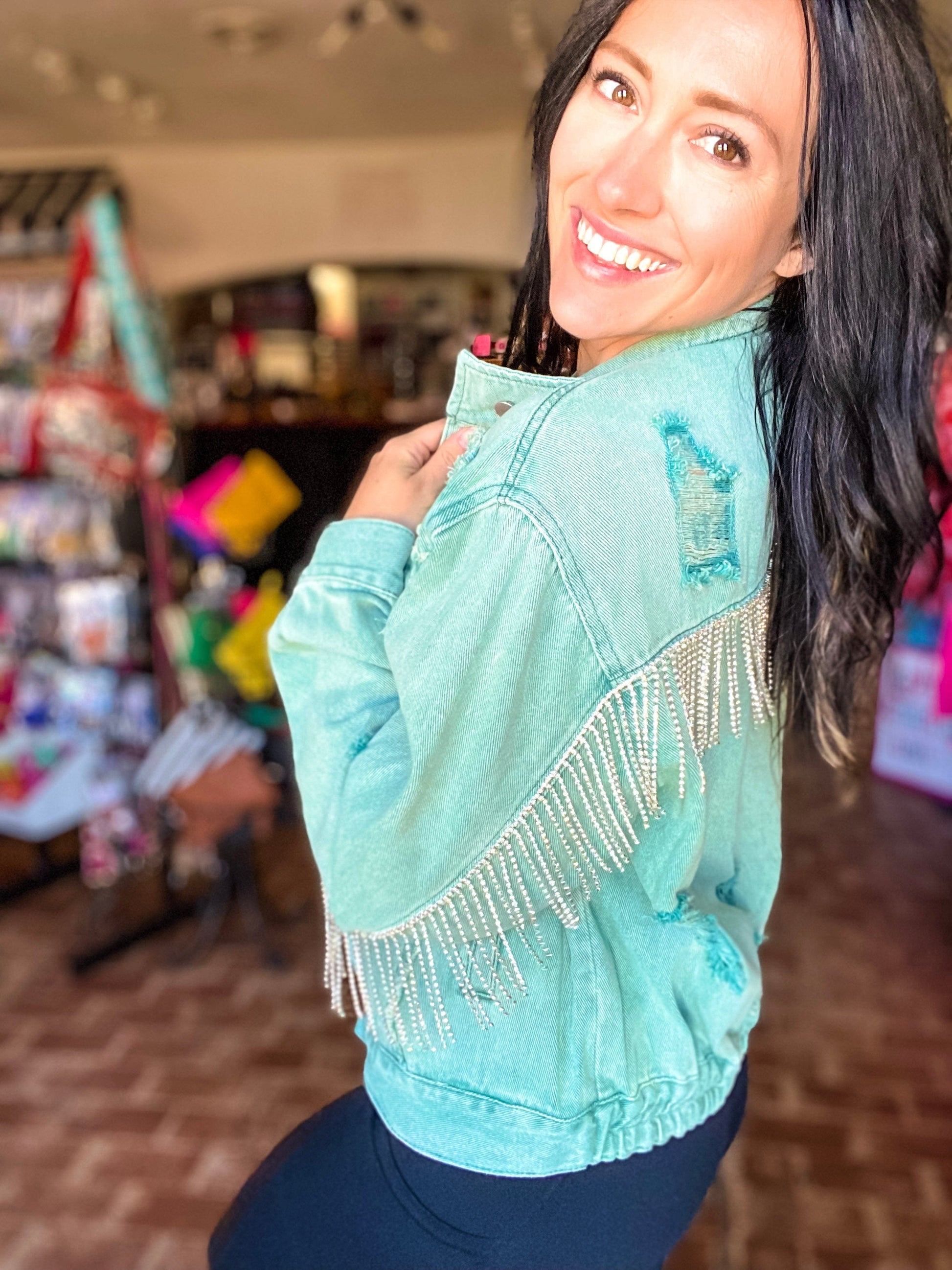 Outerwear Distressed Rhinestone Fringe Jacket Vintage Green