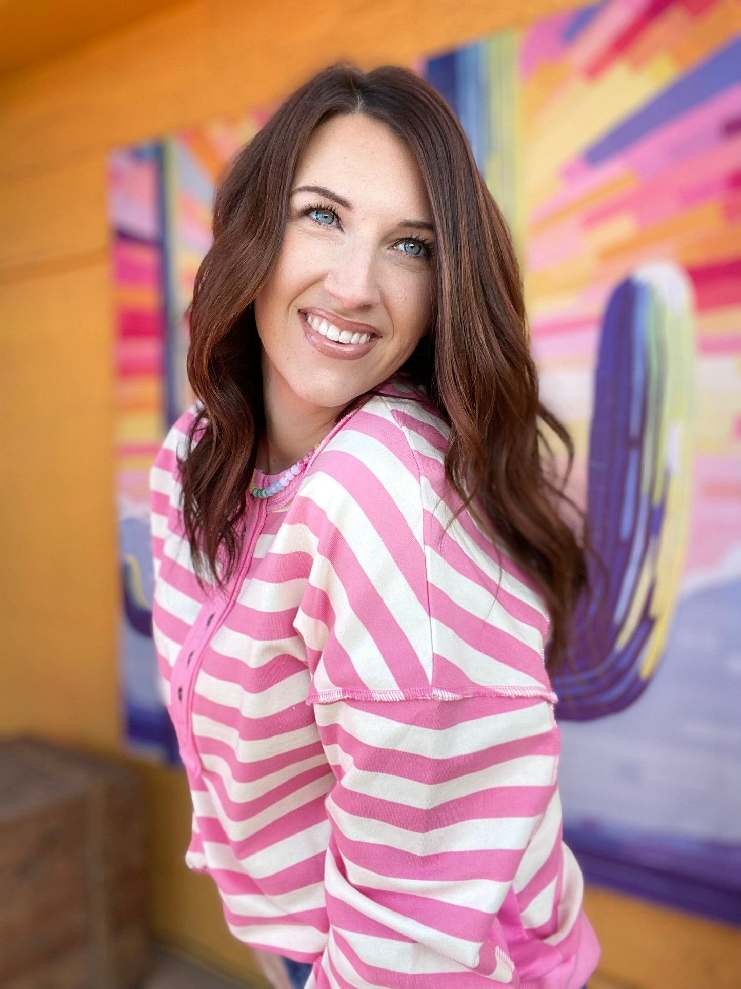 Shirts & Tops Emily Stripe Half Button Pullover- Bubblegum