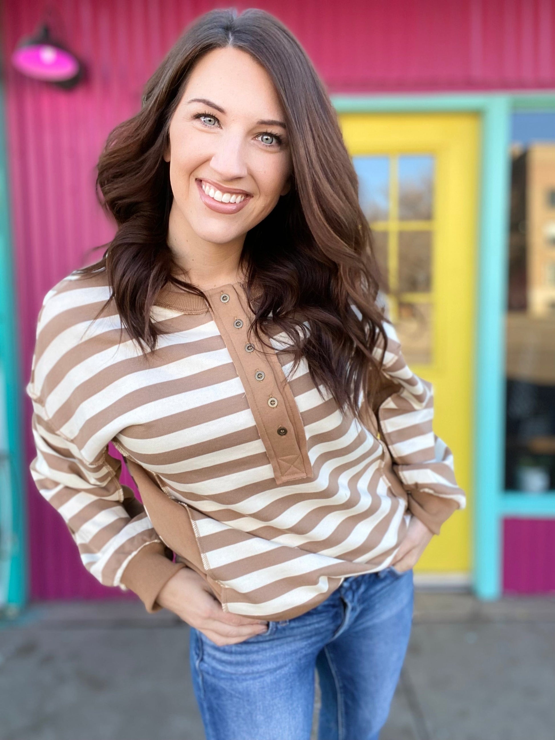 Shirts & Tops Emily Stripe Half Button Pullover- Mocha