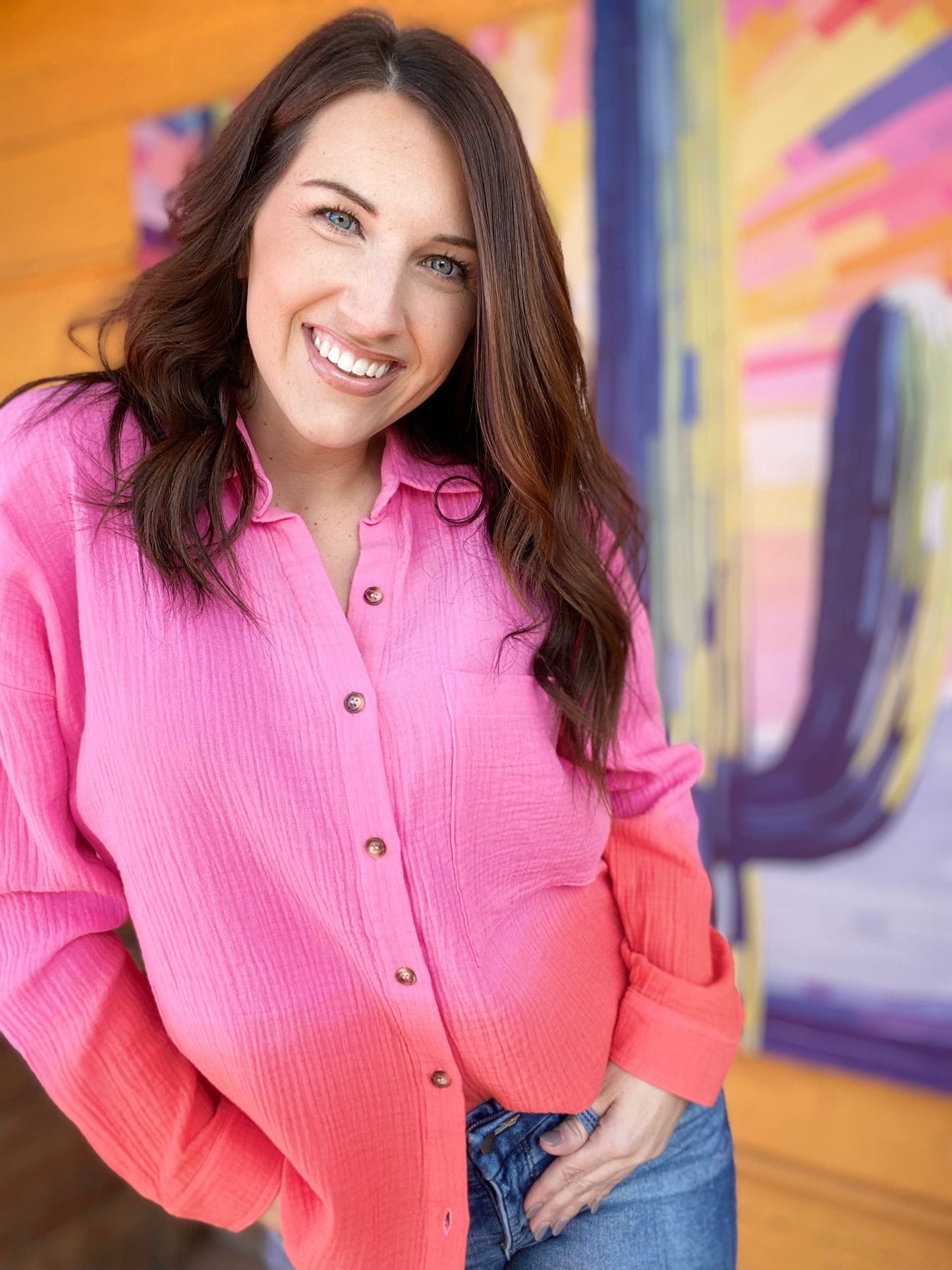 apparel Gauzy Button Down Ombre Pink