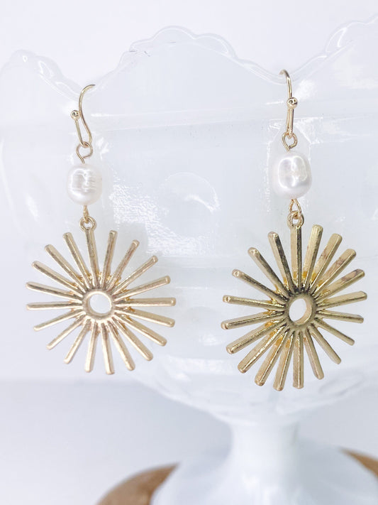 Earrings Gold and Pearl Sunburst Earring