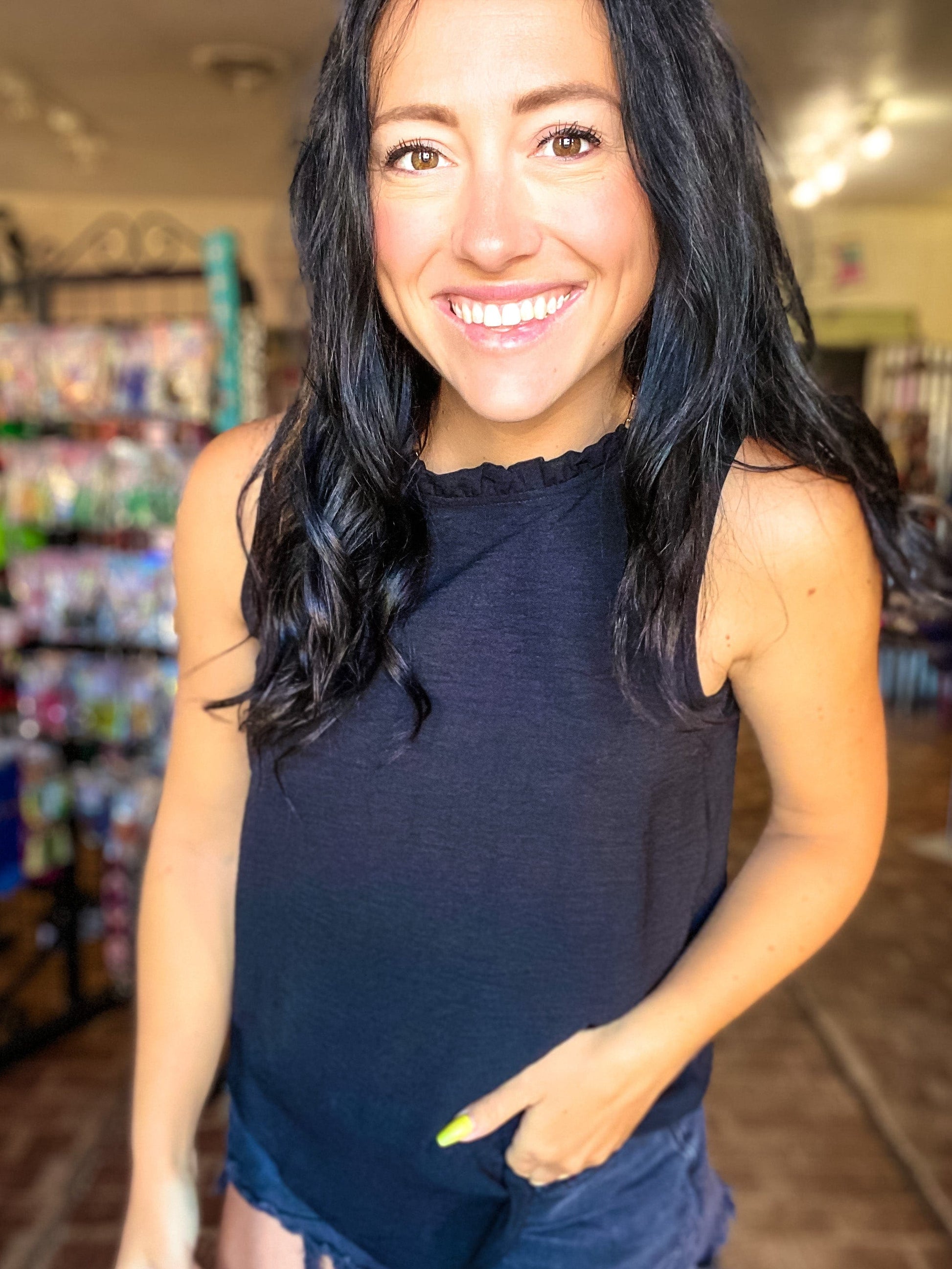 Tops High Ruffle Neck Tank-Black