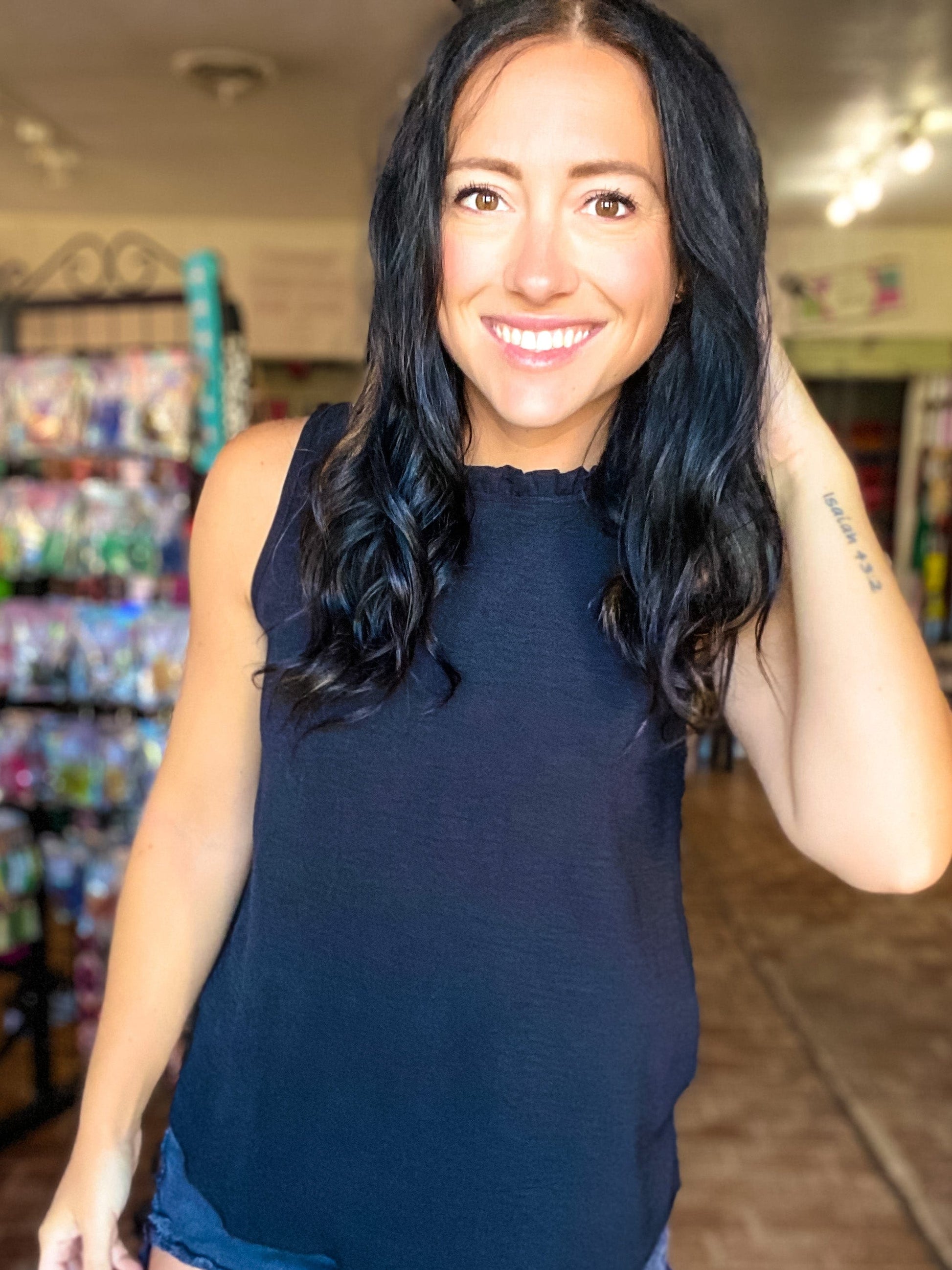 Tops High Ruffle Neck Tank-Black