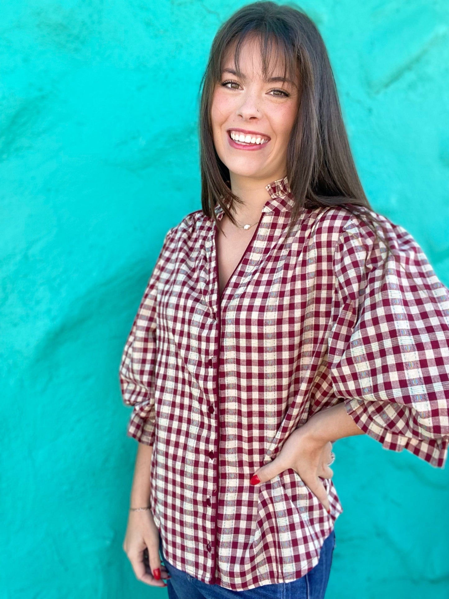Tops Katie Balloon Sleeve Blouse- Wine GIngham