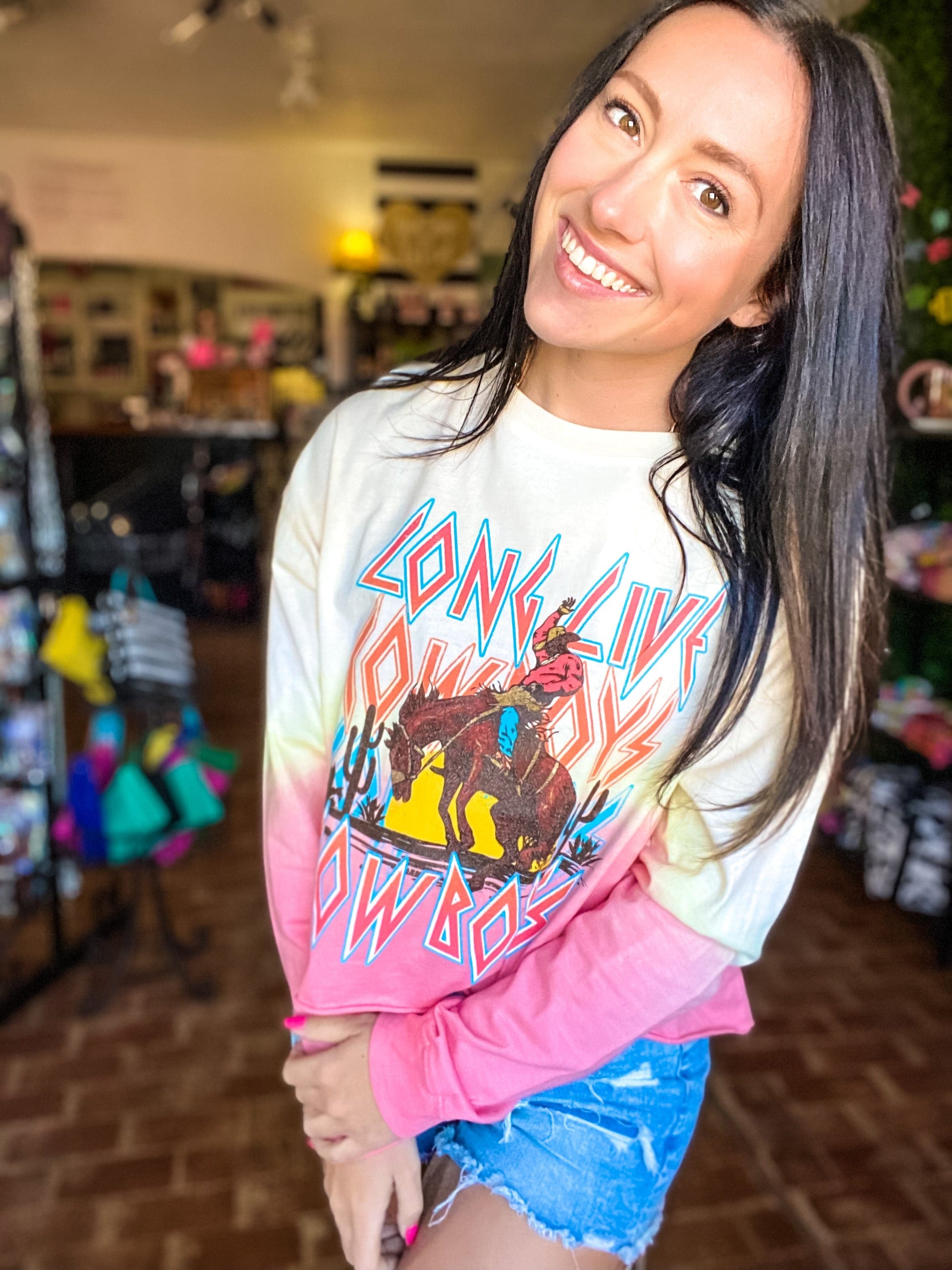 Graphic Tees Long Live Cowboys Tie Dye Crop Tee L/S