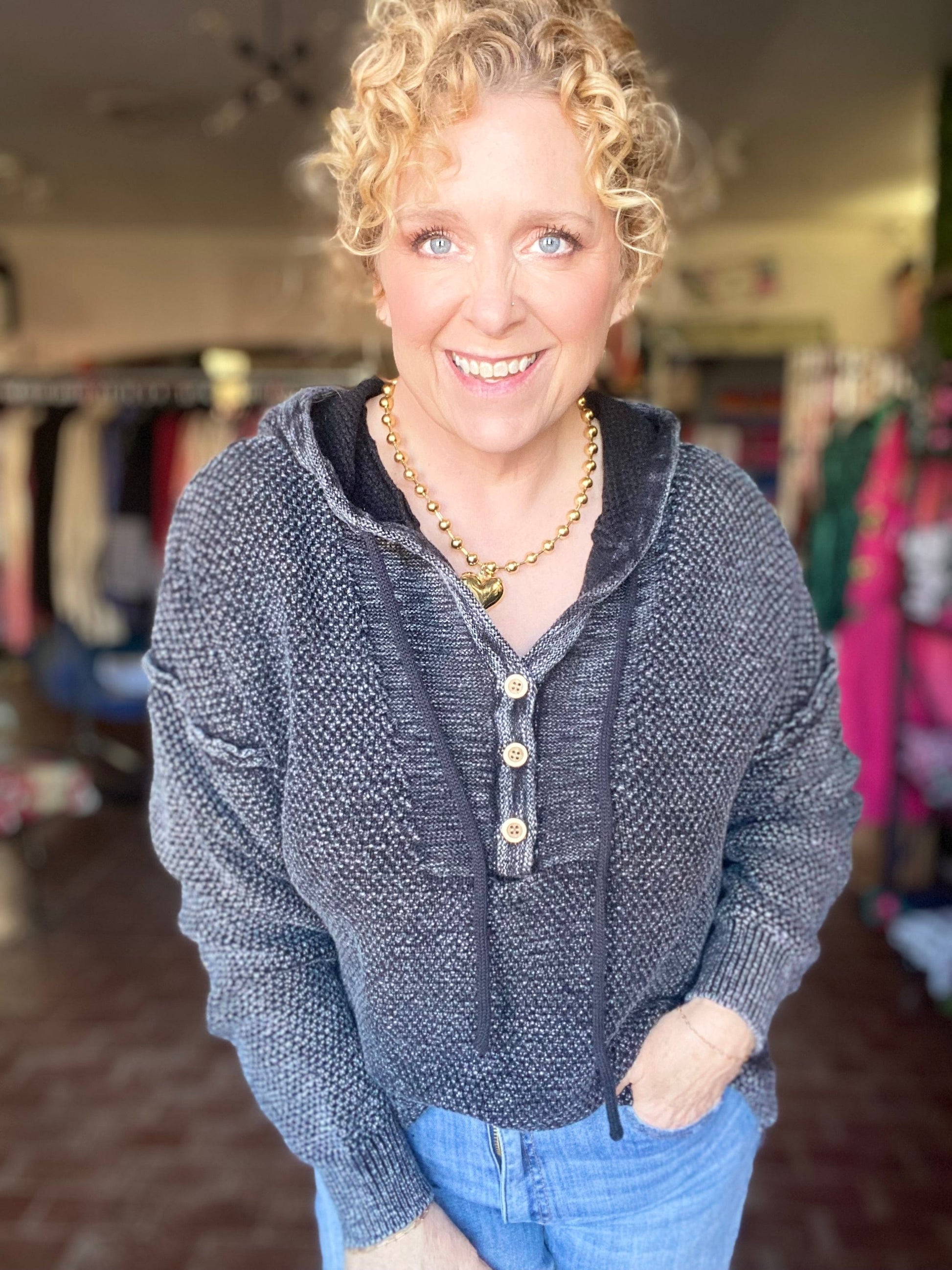 Tops Milly Half Button Hoodie Sweater- Black